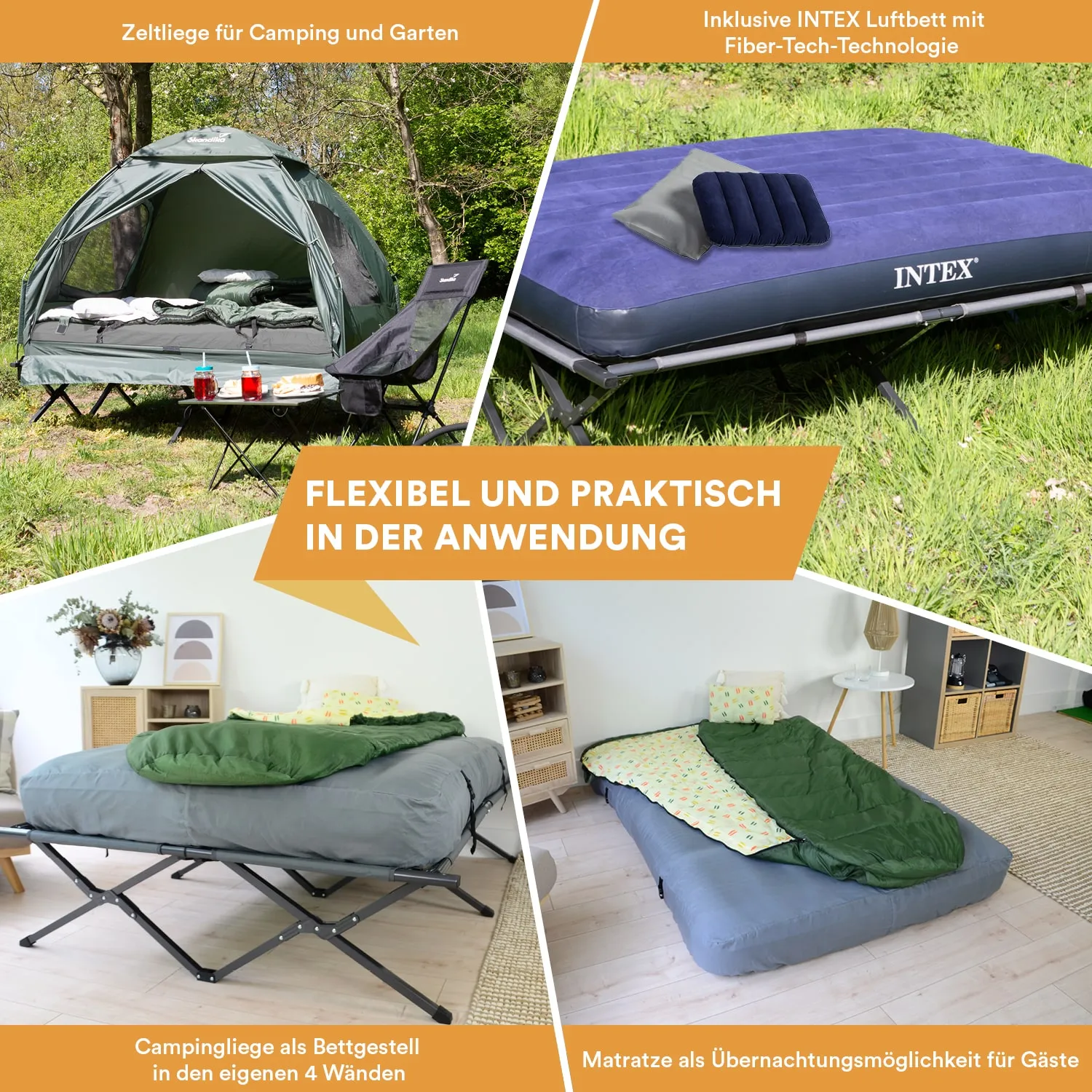 Zeltliege im Freien mit Tisch und Stühlen, Luftbett, Campingliege in einem Raum und Matratze auf einem Boden.