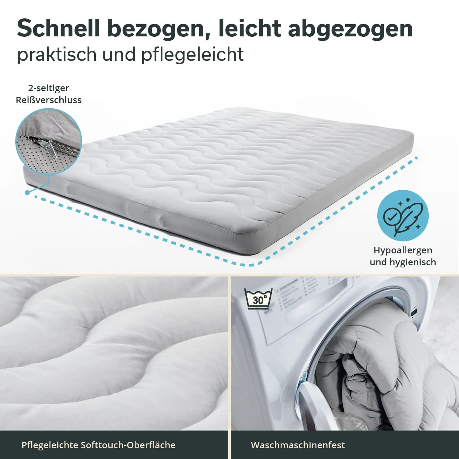 Matratze mit Wellenmuster in Grau. Versehen mit zwei seitlichen Reißverschlüssen. Pflegeleichte Oberfläche, waschmaschinenfest bei 30°.