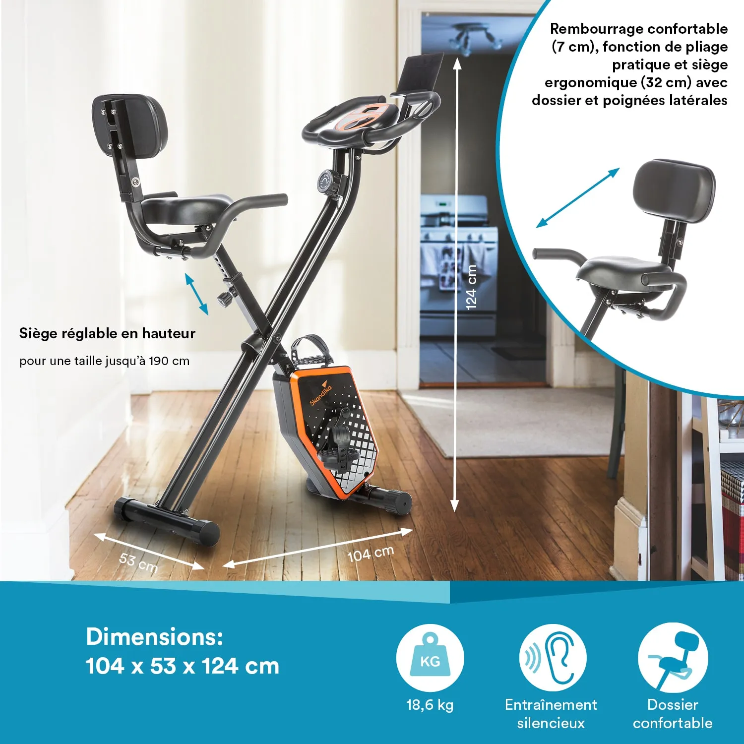 Fitness-Bike mit verstellbarem Sitz, ergonomischem Design und einem herausnehmbaren Aufbewahrungskorb im Raum dargestellt.