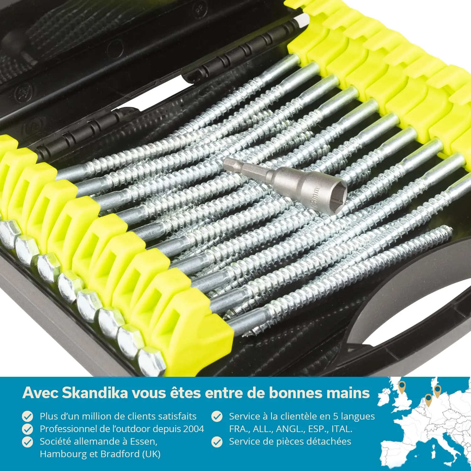 Werkzeugset mit Schrauben in einer Halterung, metallische Schrauben und ein Aufsatz sichtbar, bunte Distanzhalter.
