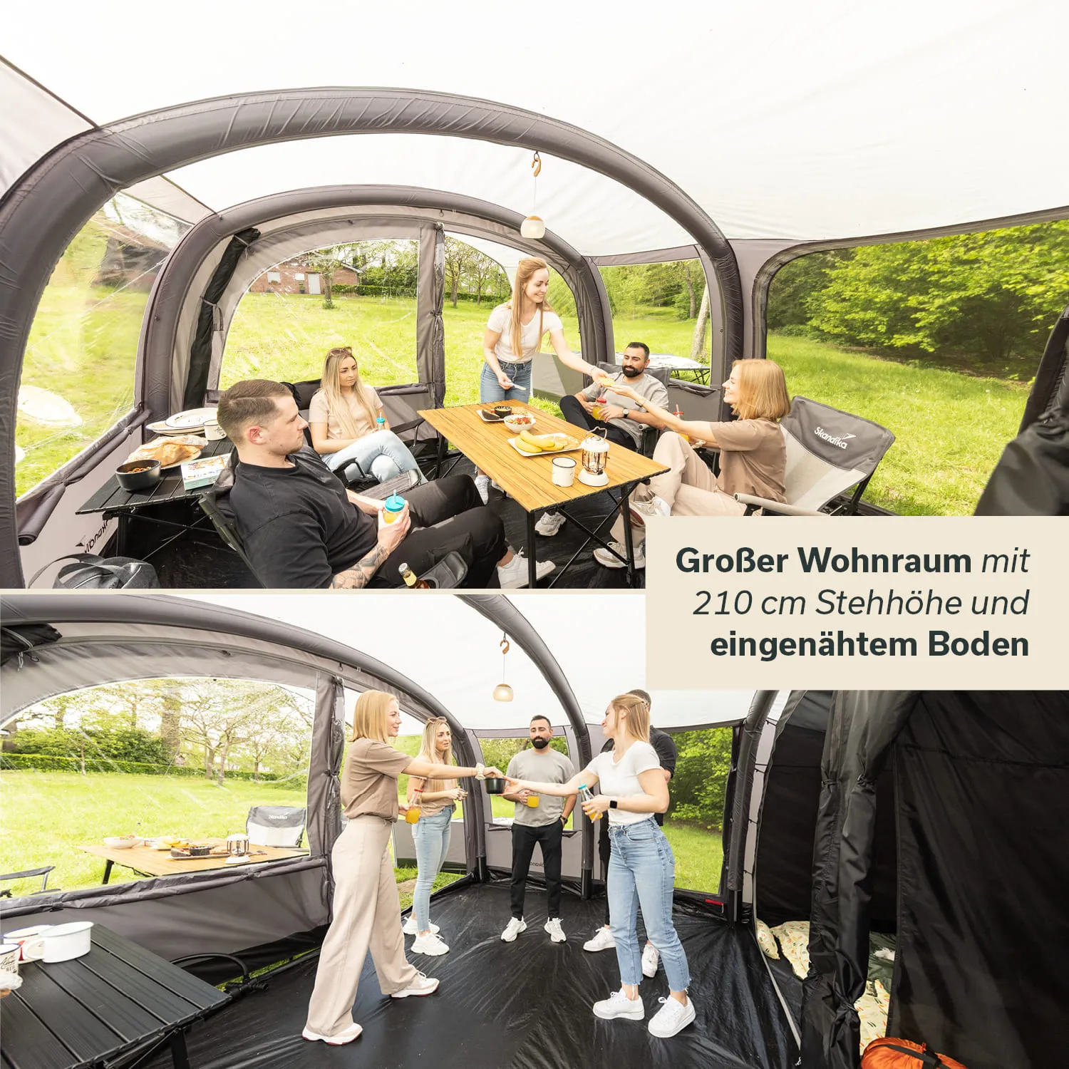 Zelt mit großer Stehhöhe. Sechs Personen sitzen und stehen um einen Tisch mit Snacks. Grünes Umfeld im Hintergrund.