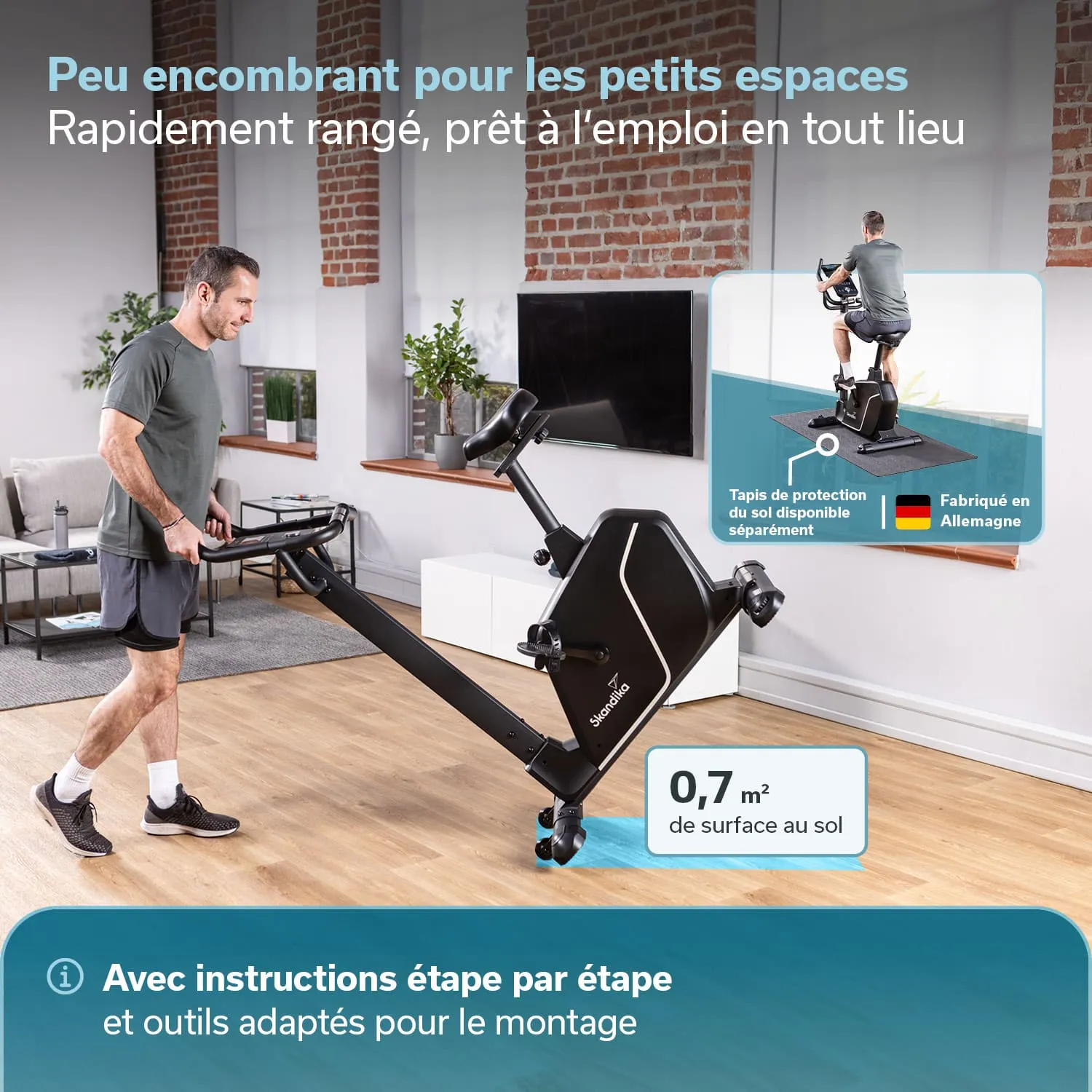 Fitnessgerät auf Rollen wird von einer Person in einem modernen Raum bewegt. Hintergrund mit Fenster und Pflanzen.