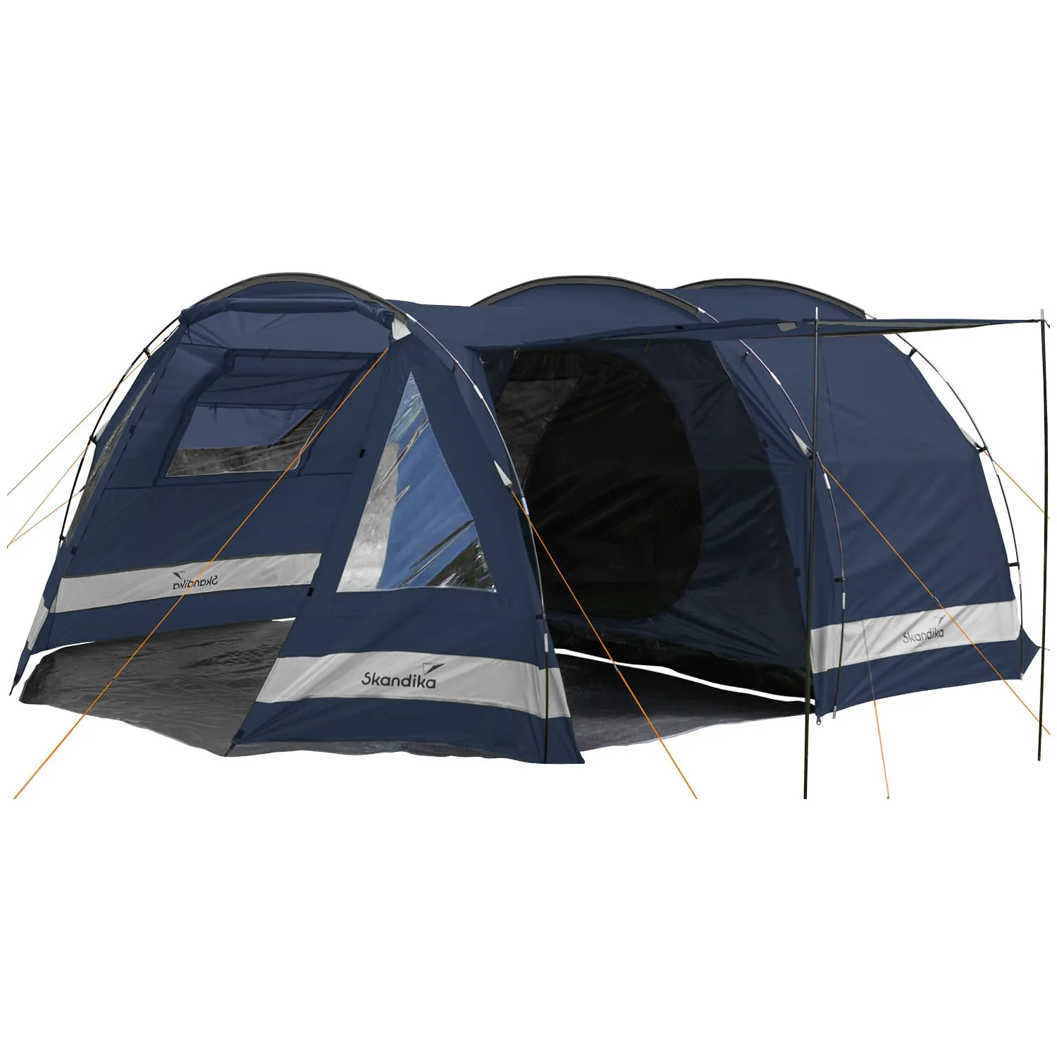Zelt in Blau mit weißen und grauen Elementen, ausgestattet mit Fenstern und einer Eingangstür. Stangen und Seile sichtbar.