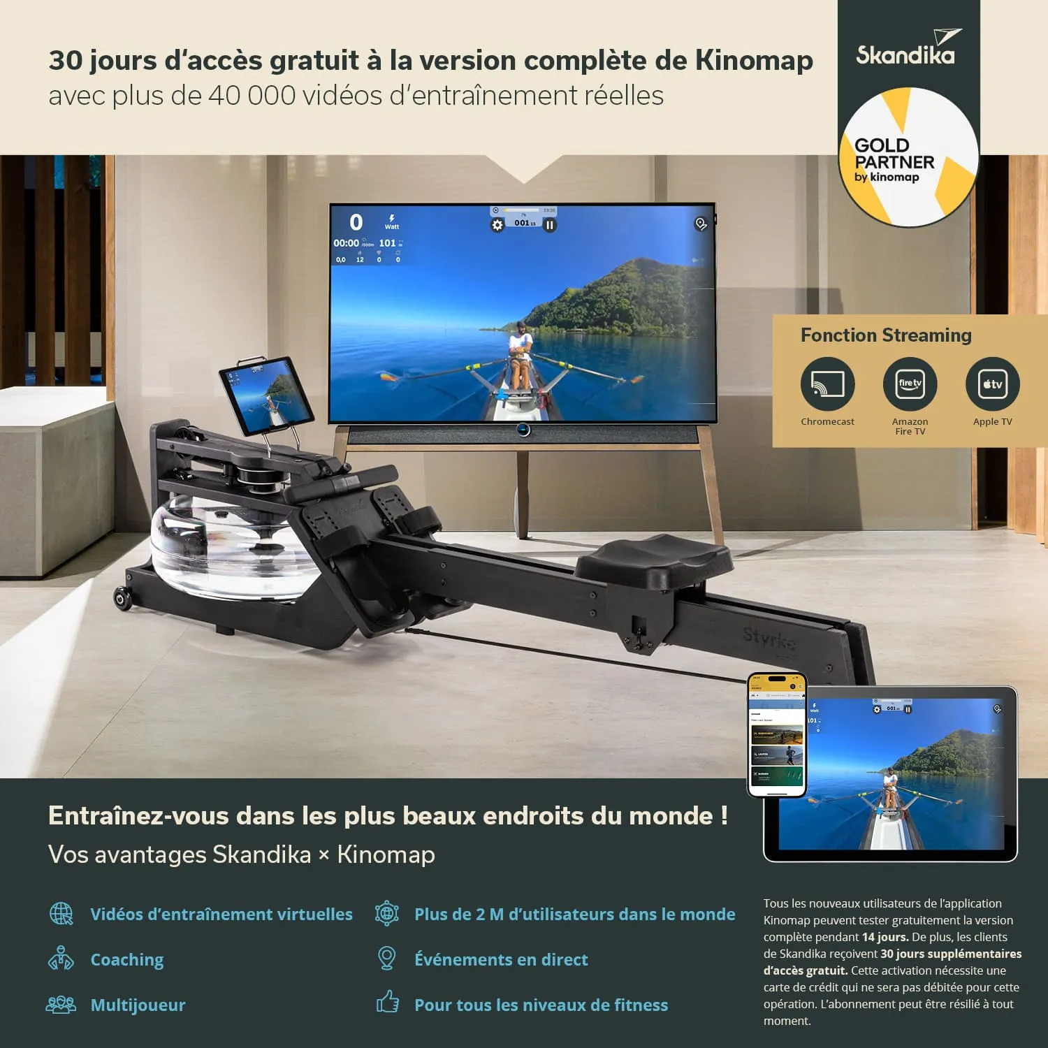 Rudergerät in einem modernen Raum, Fernseher zeigt Trainingsvideo, Tablet zeigt App-Funktionen.