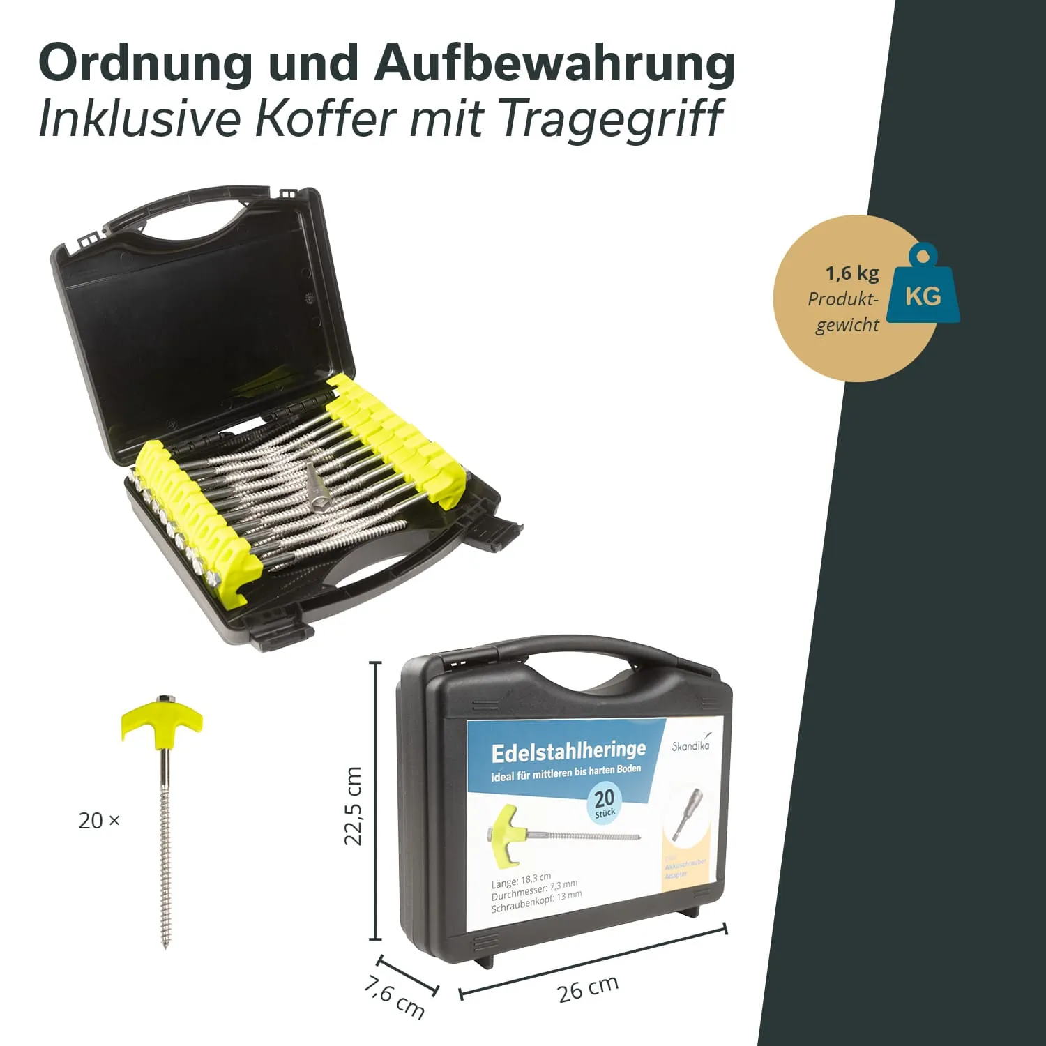 Schwarzer Koffer mit Traggriff, geöffnet, enthält gelbe und silberne Edelstahlschrauben. Angaben zu Produktdetails.
