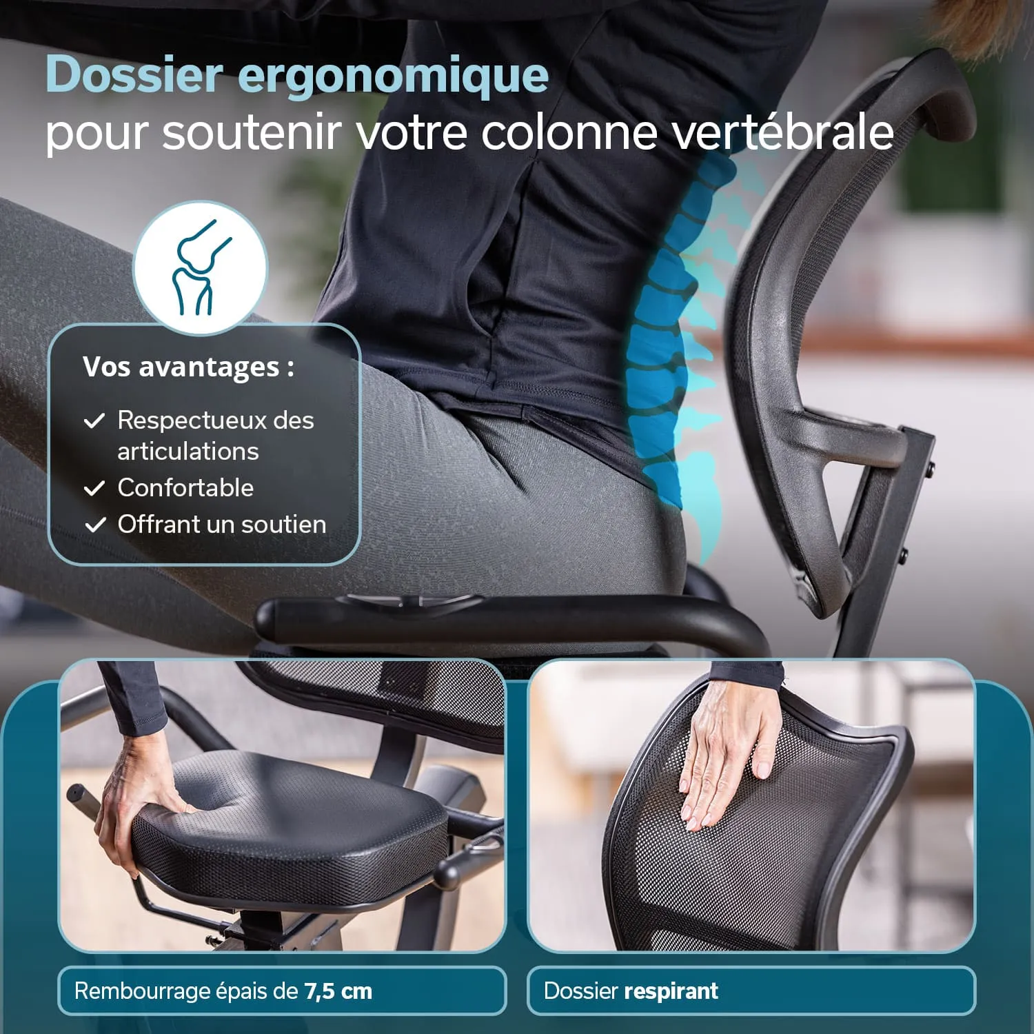Ergonomischer Stuhl mit gepolstertem Sitz und Rückenlehne, die die Wirbelsäule stützt. Vorteile sind Komfort und Gelenkschutz.
