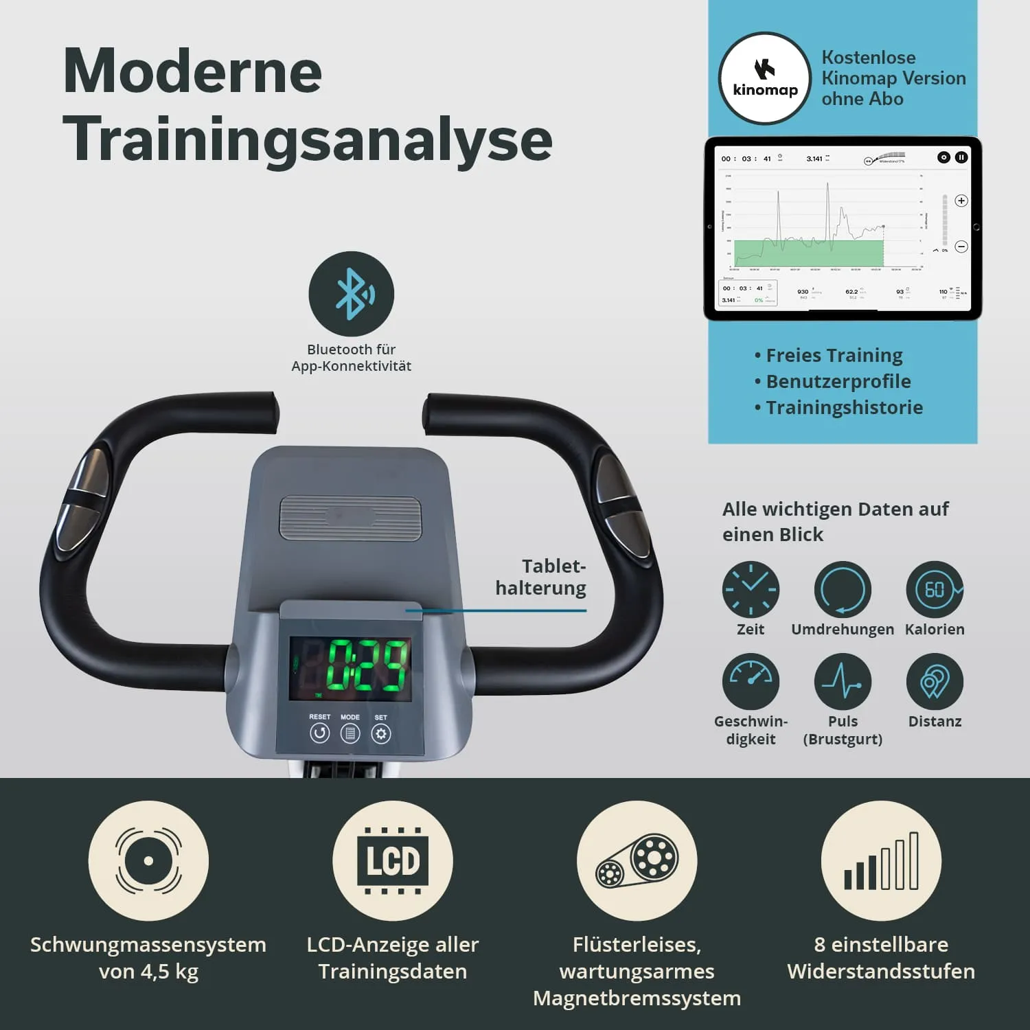 Gerät zur Trainingsanalyse mit LCD-Anzeige, Tablet-Halterung, Bluetooth-Konnektivität und 8 Widerstandsstufen.