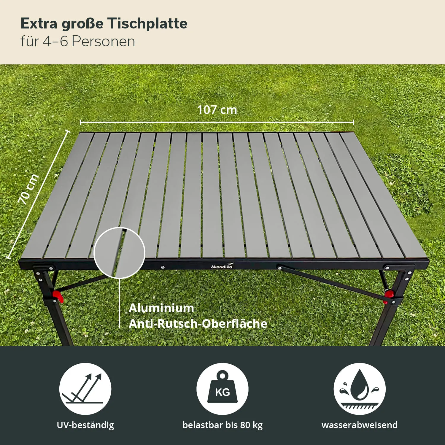 Graue Aluminiumtischplatte mit Anti-Rutsch-Oberfläche, Maße 107 cm x 70 cm, auf grünem Gras. Geeignet für 4-6 Personen.