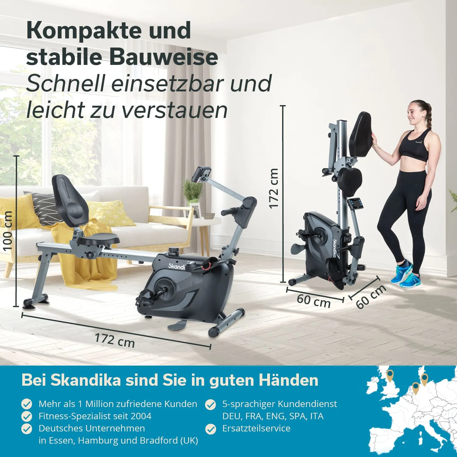 Zwei Fitnessgeräte stehen in einem hellen Raum. Links ein Rudergerät mit Sitz und rechts ein aufrecht stehendes Fitnessgerät.