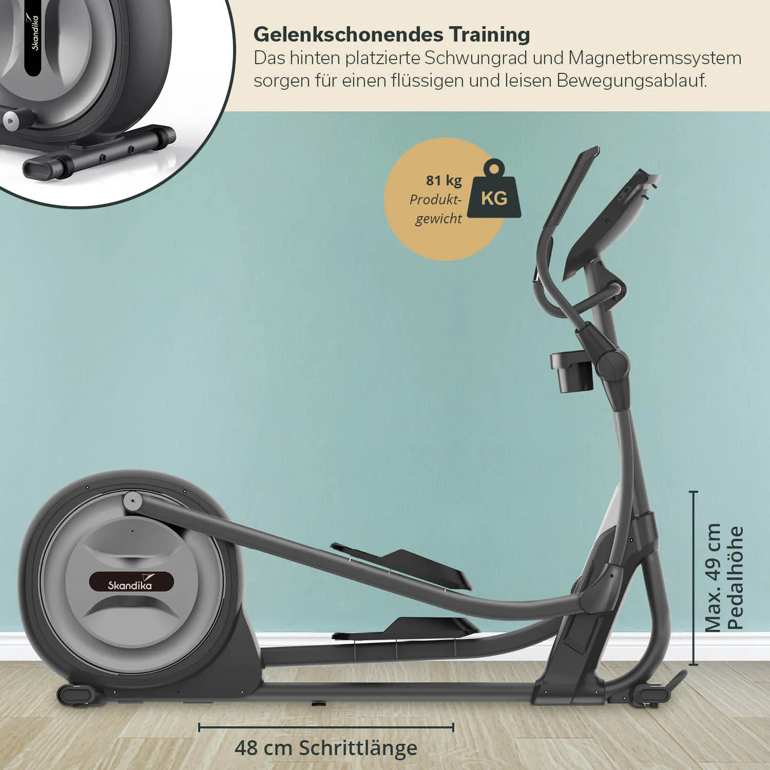 Ellipsentrainer von Skandalika in grauer Farbe, mit Informationen zu Produktgewicht, Schrittlänge und maximaler Pedalhöhe.