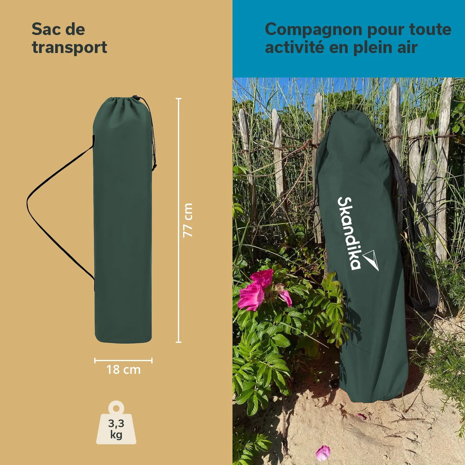 Grüner Transportbeutel steht auf Sand, mit Maßangaben und Logo „Skandika“. Im Hintergrund Pflanzen und Zaun sichtbar.