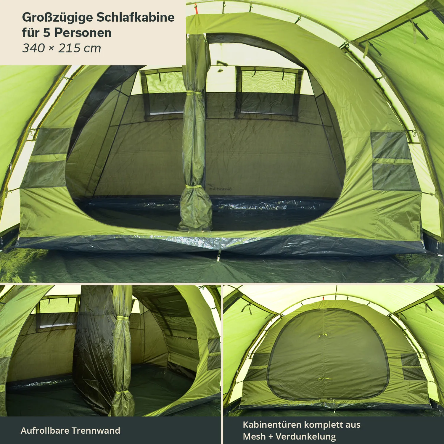 Innensicht einer geräumigen Schlafkabine in Grün für bis zu fünf Personen, mit abrollbarer Trennwand und Mesh-Türen.