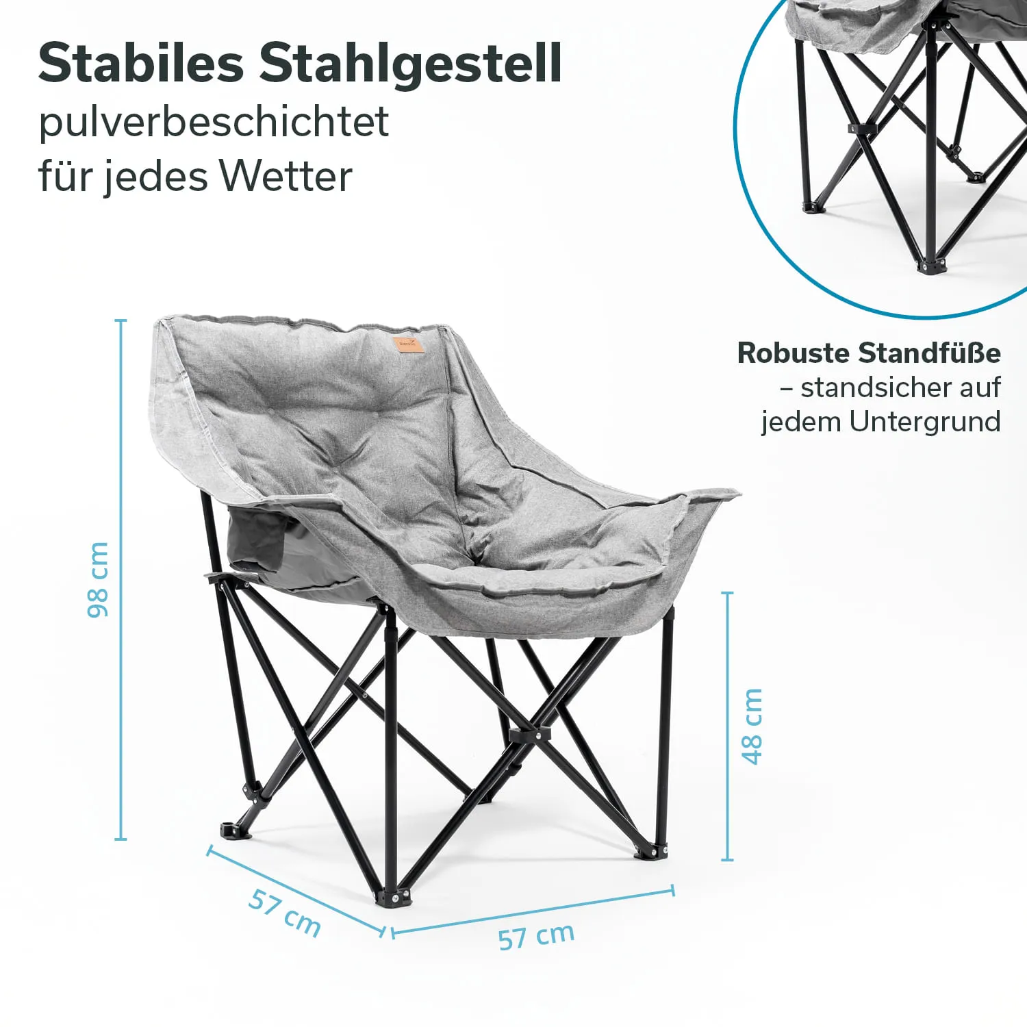 Klappstuhl mit grauem Bezug und schwarzem Stahlgestell. Maße: 98 cm hoch, 57 cm breit und tief.