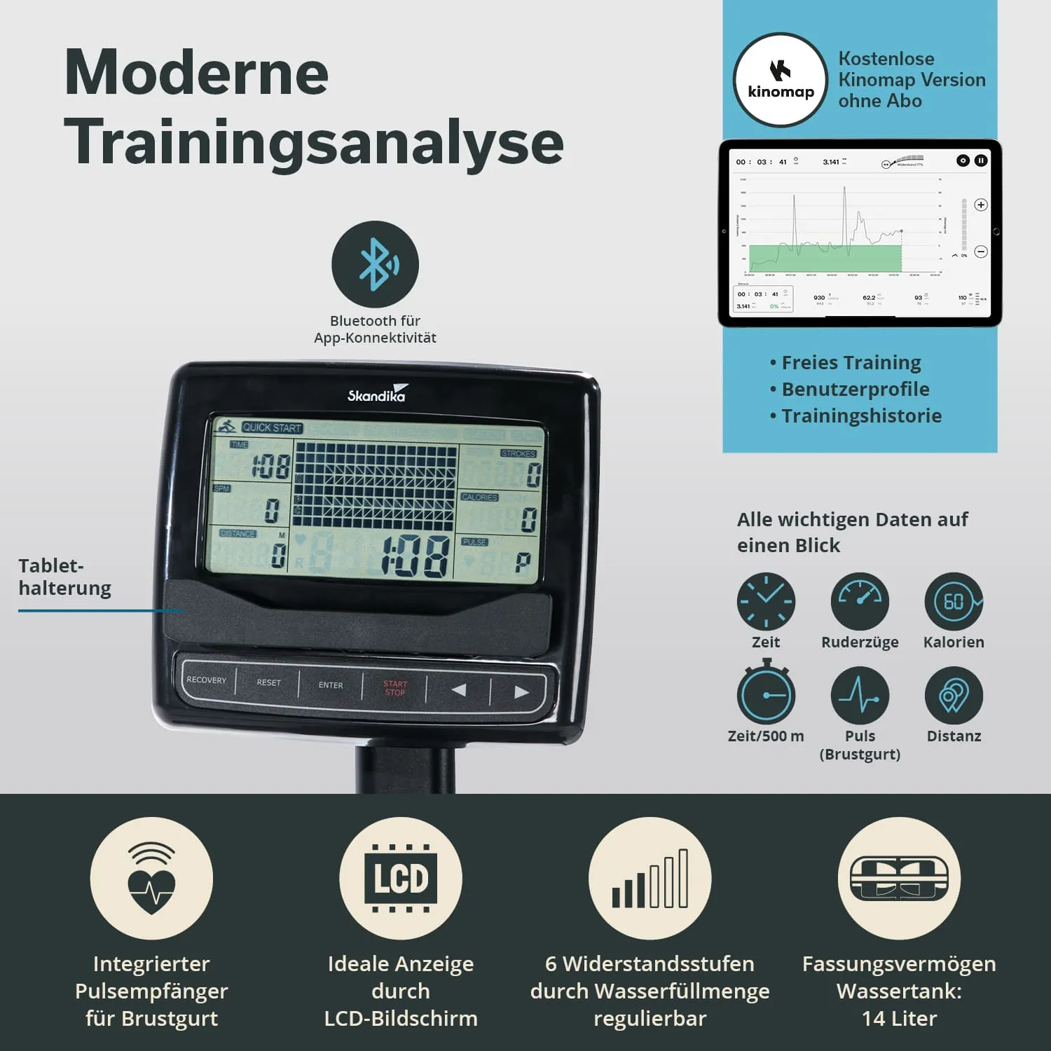 Anzeige eines Trainingsgeräts mit LCD-Bildschirm, Bluetooth-Funktion und Tablet-Halterung. Angaben zu Funktionen und Wasserstand.