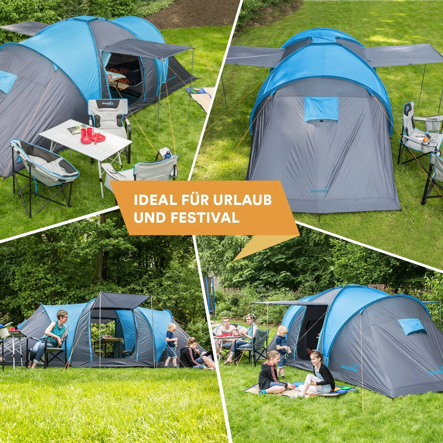 Zwei Zelte mit blauer und grauer Farbgestaltung auf einer grünen Wiese. Ein Tisch mit Stühlen ist in der Mitte, umgeben von Personen.