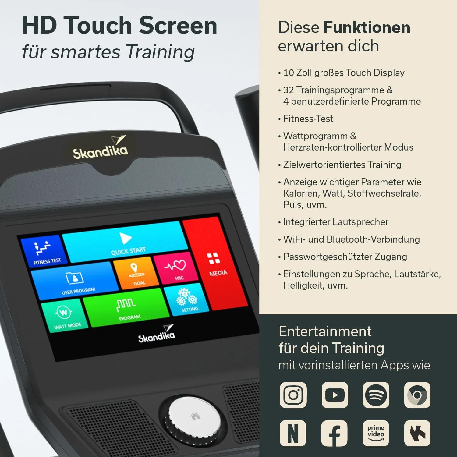 HD-Touchscreen für Fitnessgeräte mit Programmen, Einstellungen und integrierter Multimedia-Option in einem modernen Design.