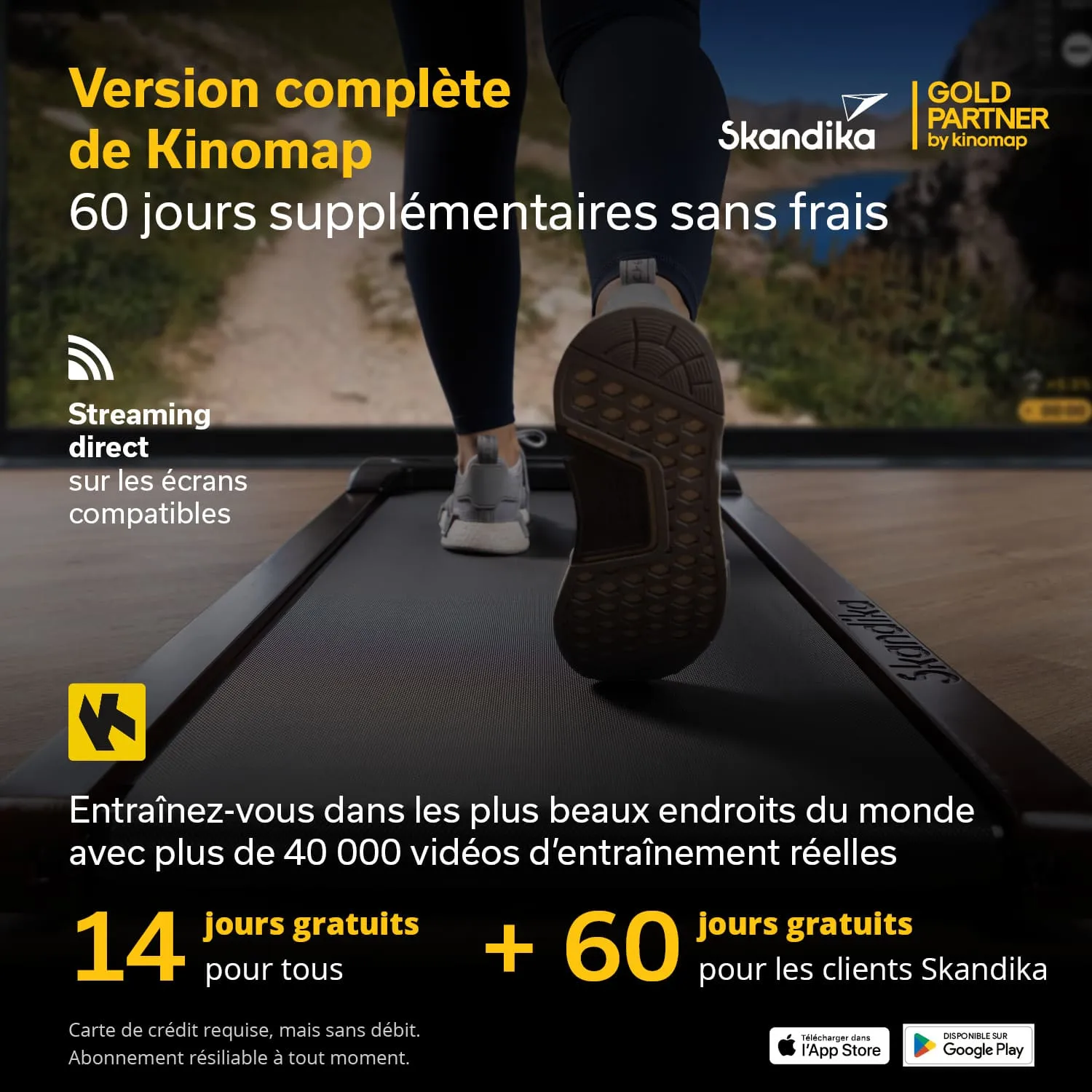 Werbung für Kinomap mit einem Fuß auf einem Laufband, Hintergrund mit Naturansicht. Text zu gratis Testangeboten.