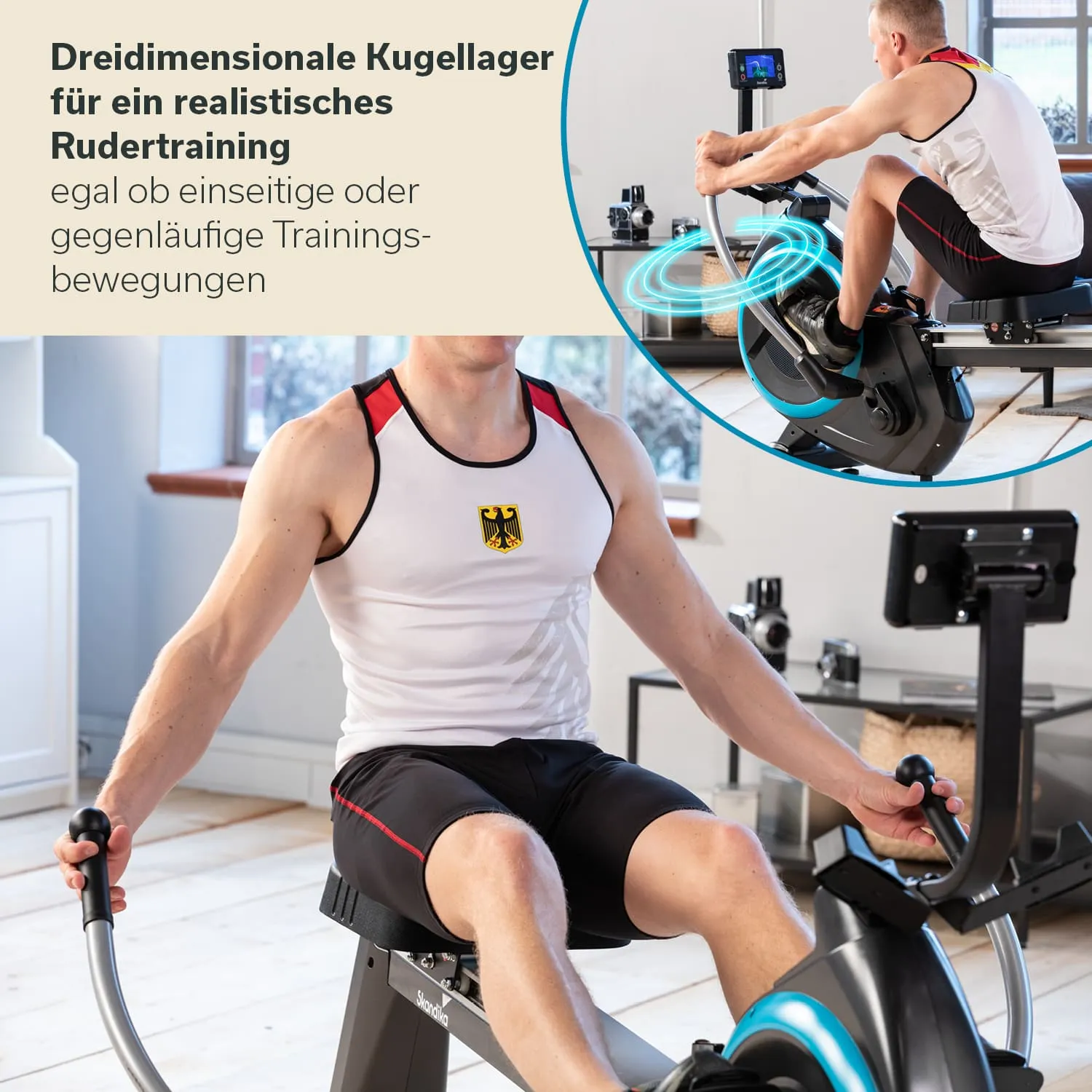 Rudergerät mit einer Person, die ruderähnliche Bewegungen ausführt. Der Raum hat Fenster und verschiedene Möbelstücke.