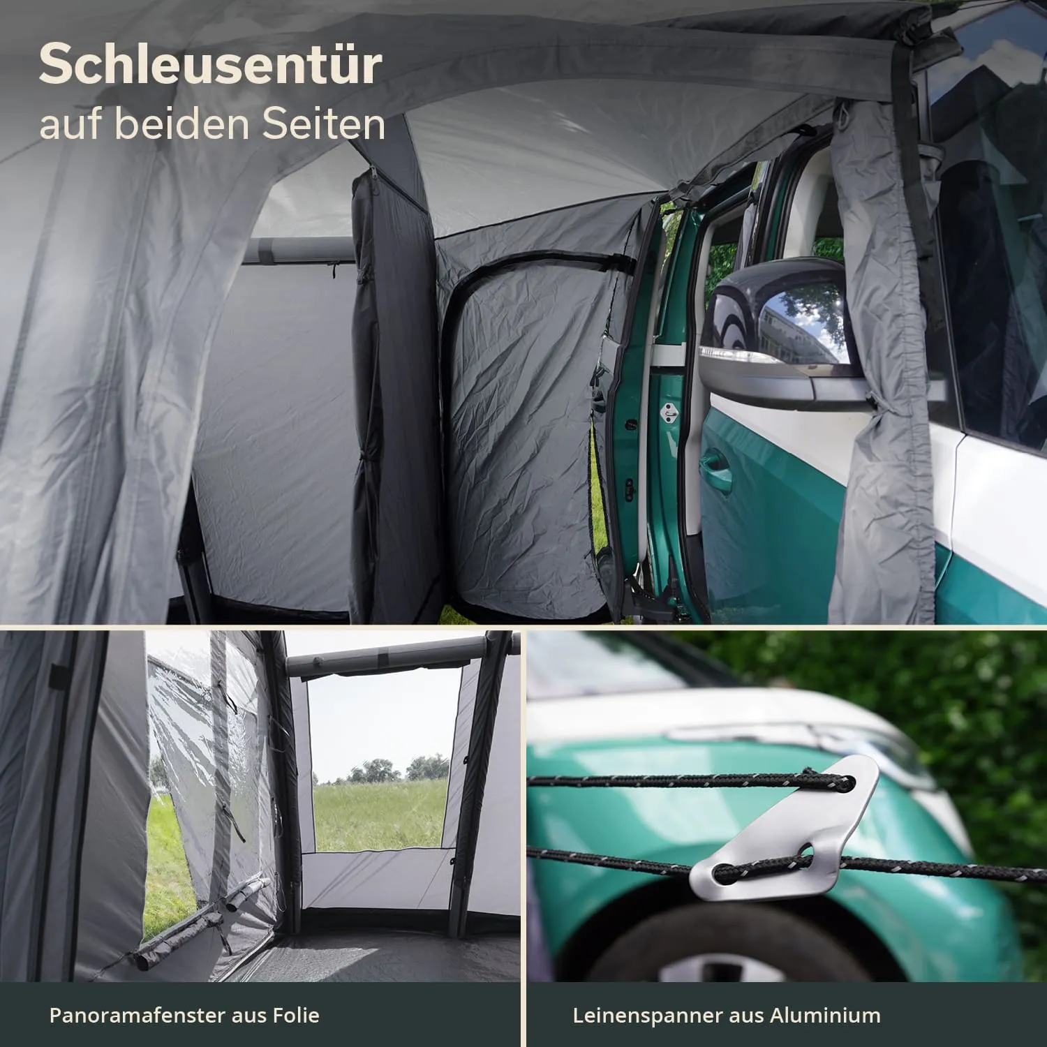 Schleusenzelt mit grauen Wänden, seitlichen Eingängen und einem Panorama-Window. Untere Bilder zeigen Details von Leinen und Spannern.