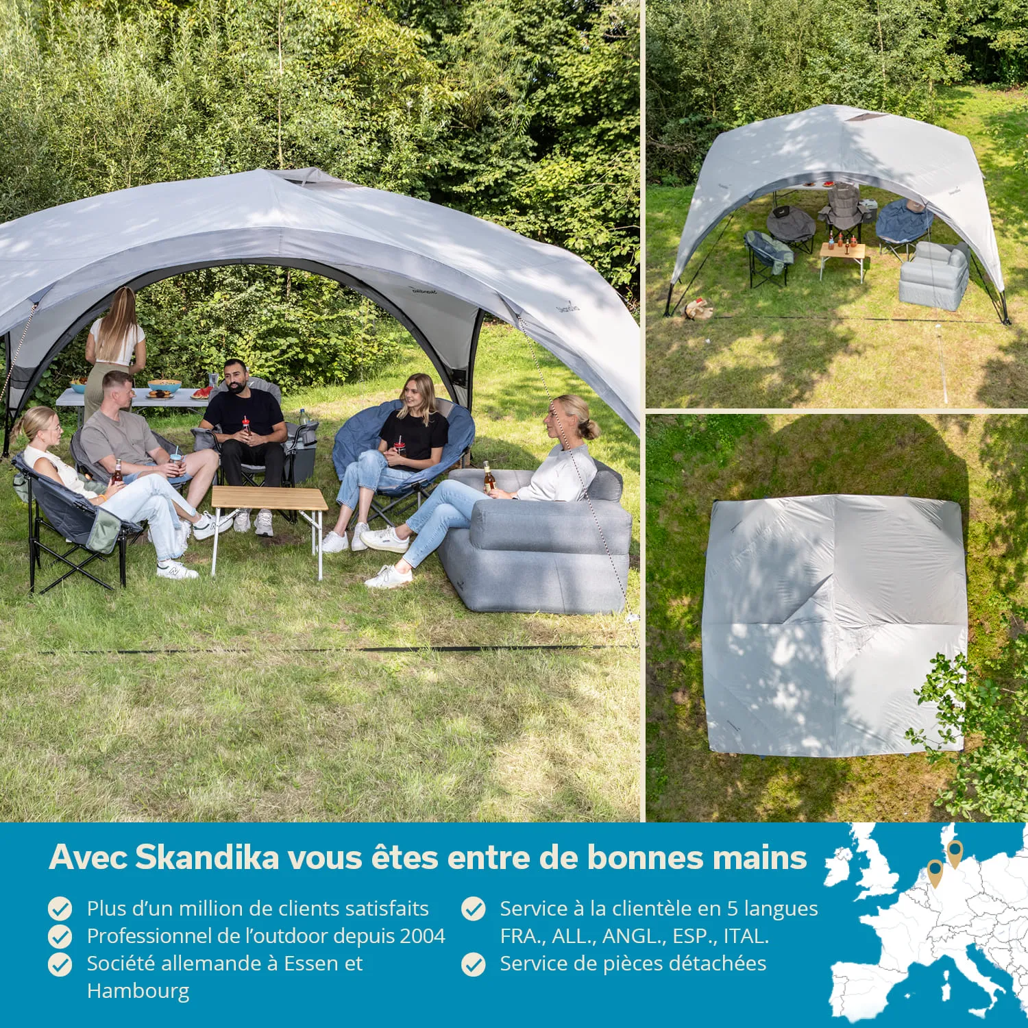 Eine Gruppe von fünf Personen sitzt unter einem großen grauen Pavillon auf der Wiese. Es gibt gemütliche Sitzmöbel, einen kleinen Tisch und einige Getränke. Die Umgebung ist grün und bewaldet.