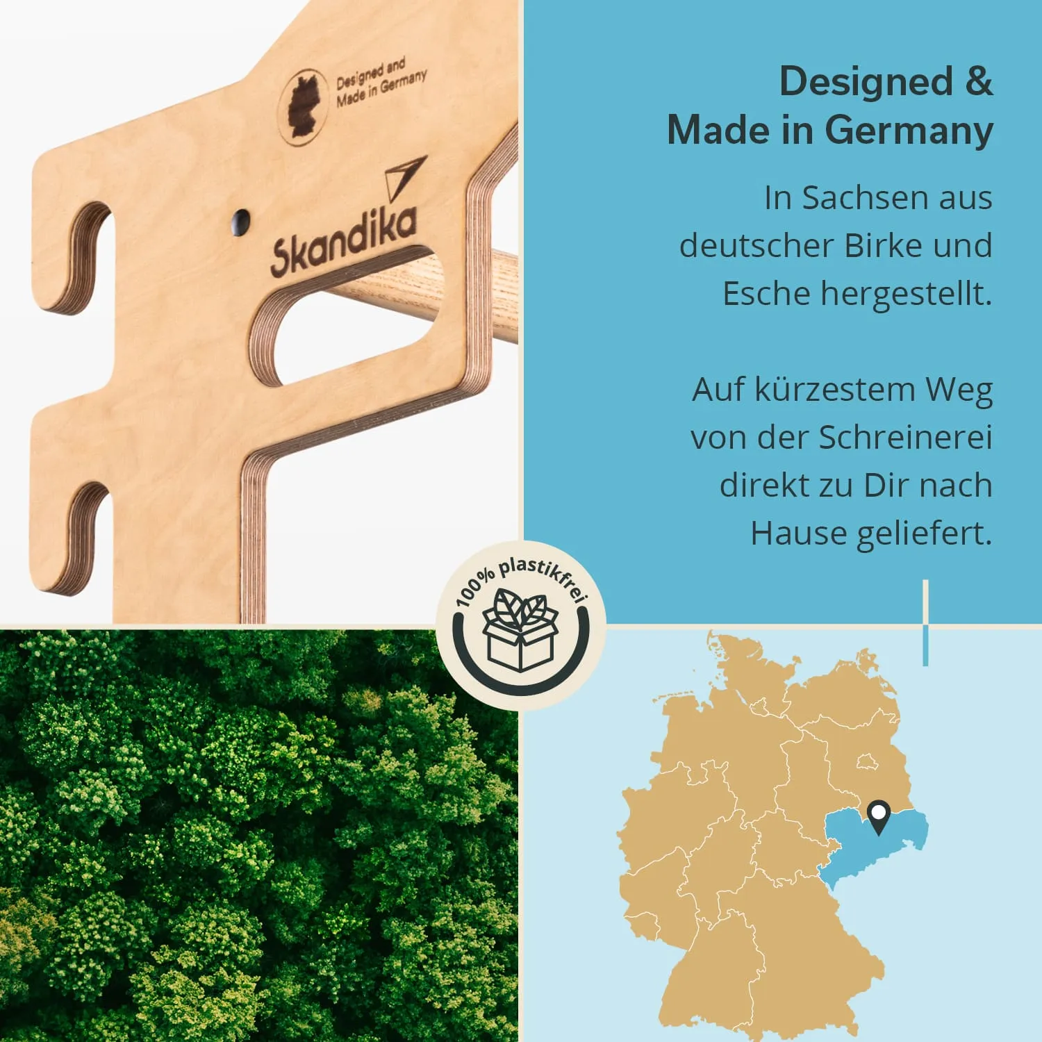 Holzprodukt mit Markierung „Designed and Made in Germany“, umgeben von Baumillustration, Karte Deutschlands und dem Hinweis „100% plastikfrei“.