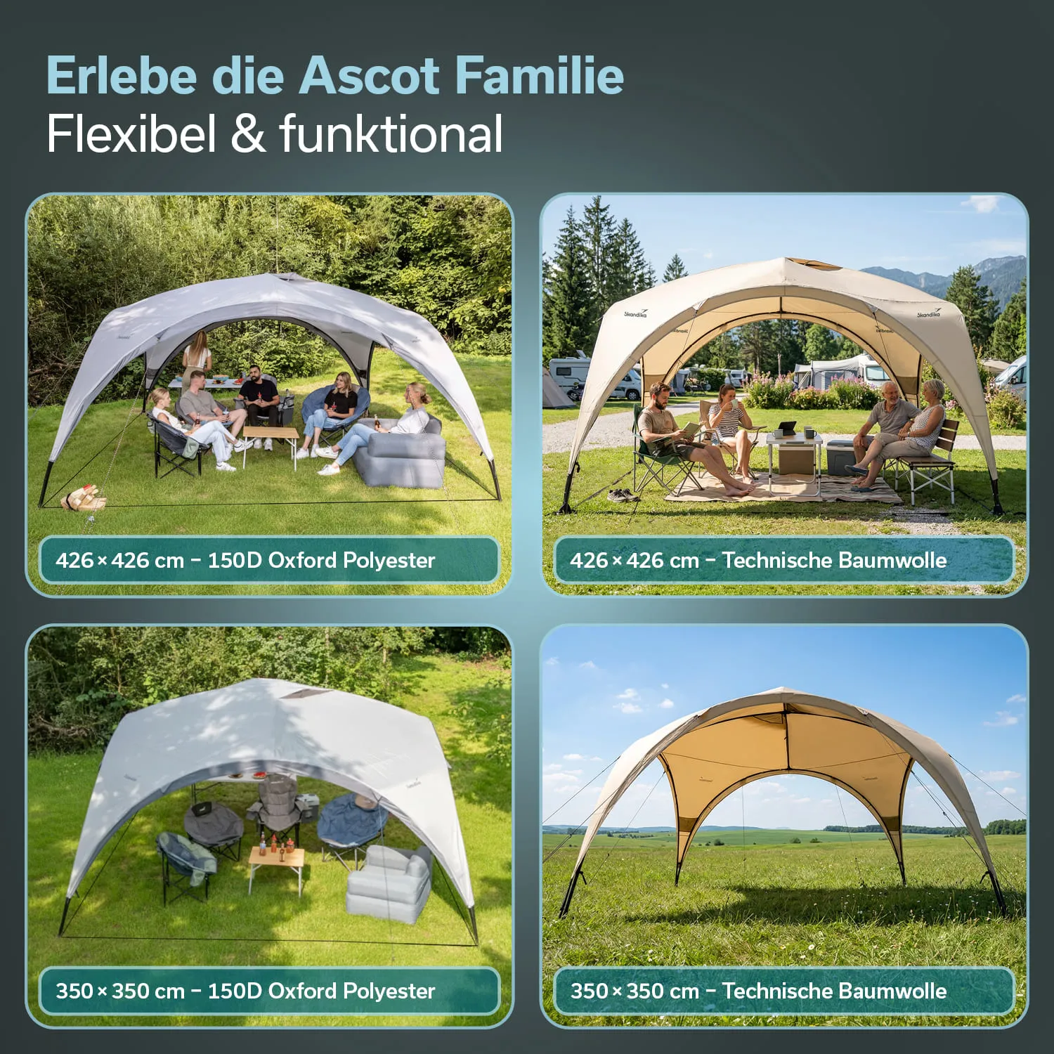Vier Zeltvarianten mit verschiedenen Maßen und Materialien, im Freien auf Wiese aufgestellt. Personen sitzen oder stehen darunter.