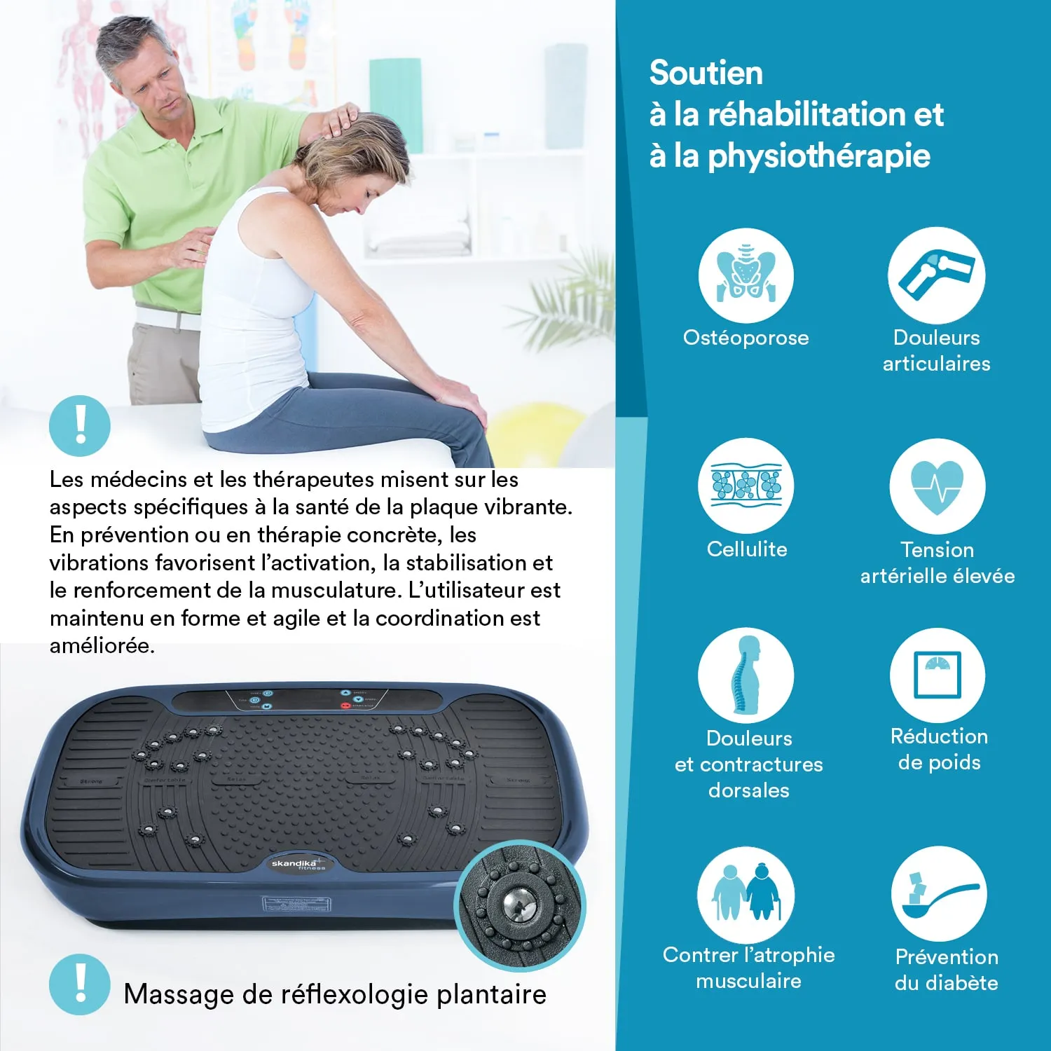 Vibrationsplattform mit einer Person, die einen Rückenmassage erhält. Auf der Seite sind verschiedene gesundheitliche Vorteile aufgelistet.