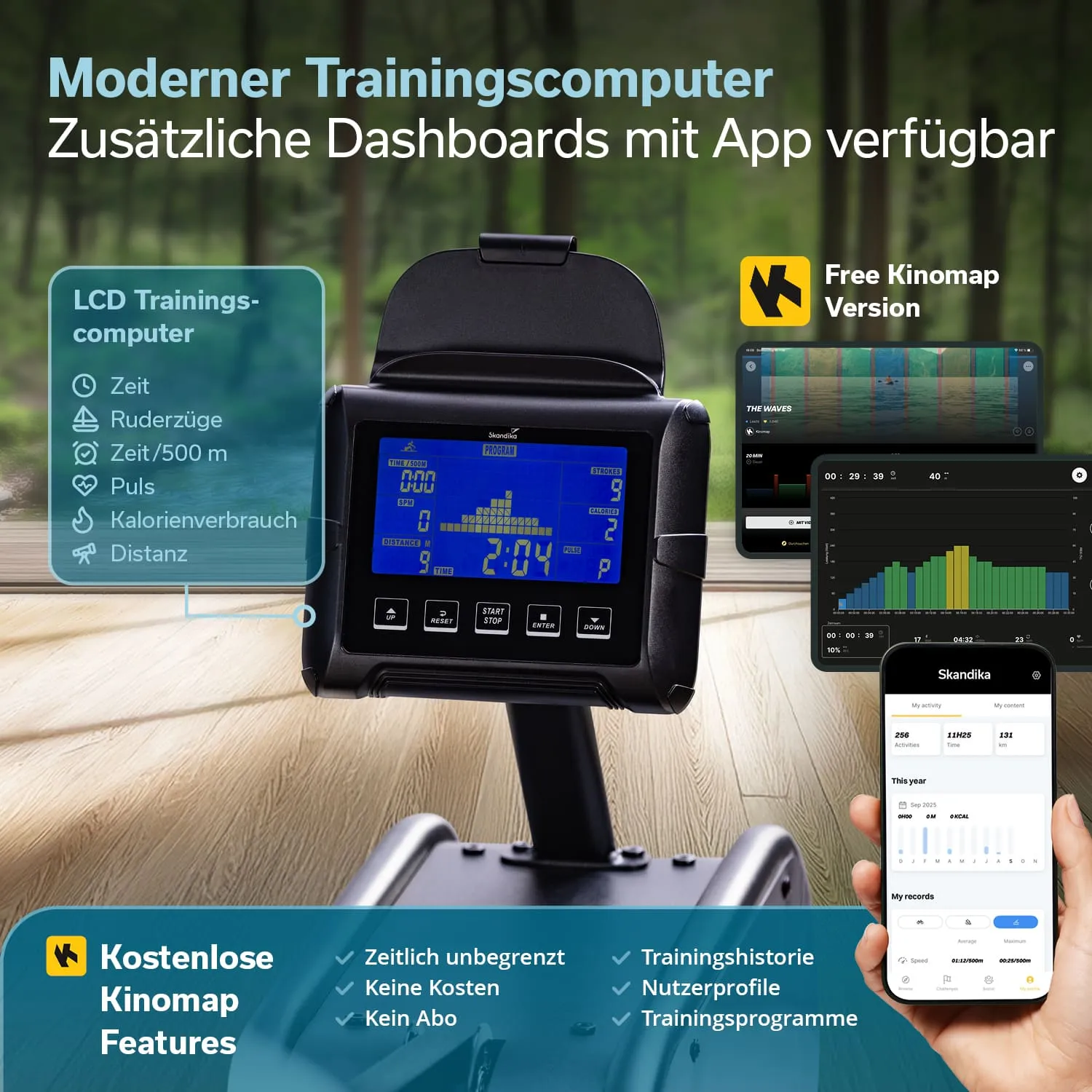 Modernen Trainingscomputer mit LCD-Display zeigt Zeit, Ruderzüge, Puls und Distanz. App-Funktionen sind verfügbar.
