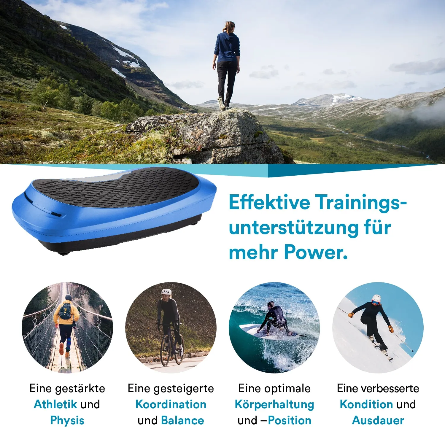 Ein blauer Trainingsgerät auf einem Stein, im Hintergrund eine Berglandschaft mit einer stehenden Person. Text mit unterstützenden Trainingsvorteilen.