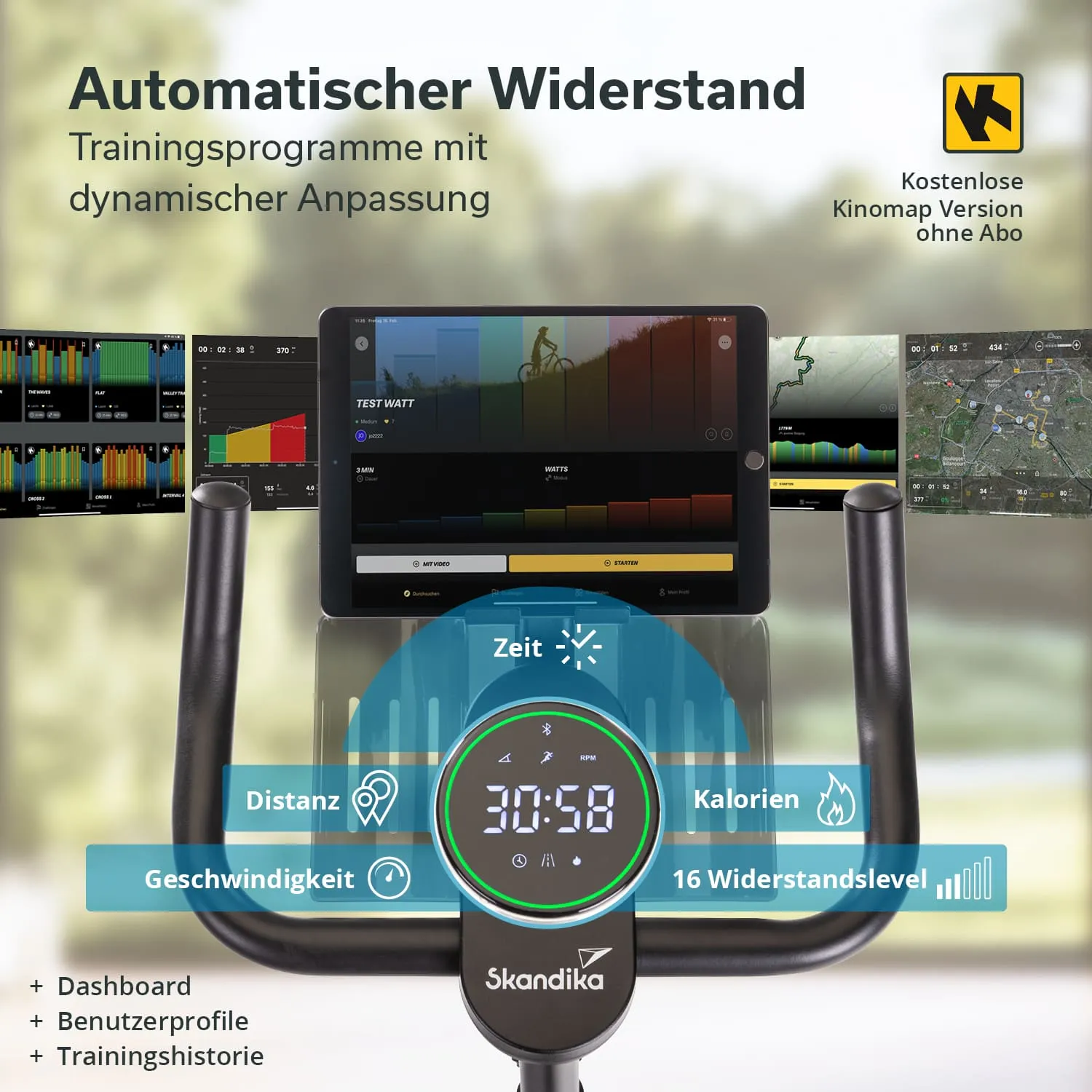 Ein Fitnessgerät mit digitalem Display zeigt Trainingsdaten an. Ein Tablet zeigt Grafiken und Karten für Trainingsprogramme.