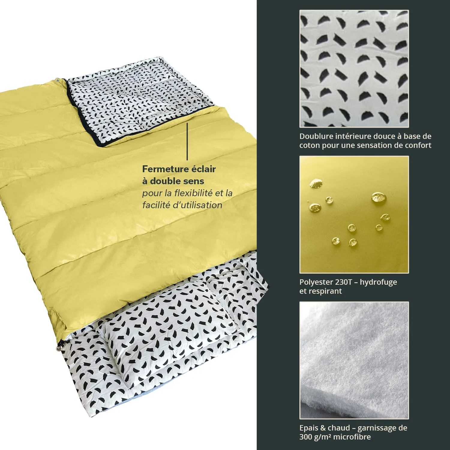Schlafsack in Gelb und Schwarz mit einem inneren Bezug aus weißem Stoff mit schwarzem Muster. Informationen zu Materialien und Eigenschaften.