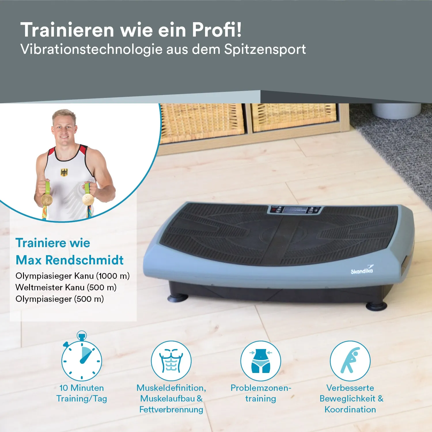 Vibrationsplatte in einem Raum mit Holzfußboden. Neben der Platte ist ein Bild einer Person mit zwei Medaillen. Text für Trainingseffekte.