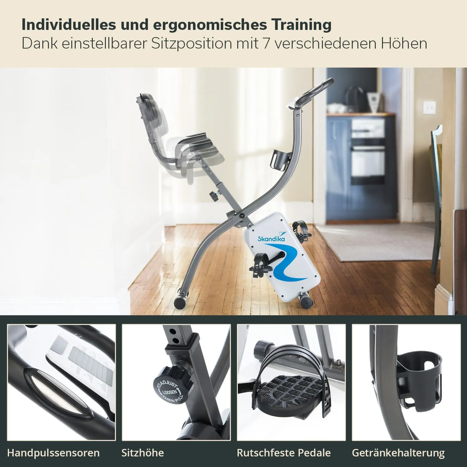Ergometer mit verstellbarem Sitz und Handpulssensoren, Pedale und Getränkehalter in einem Wohnraum.