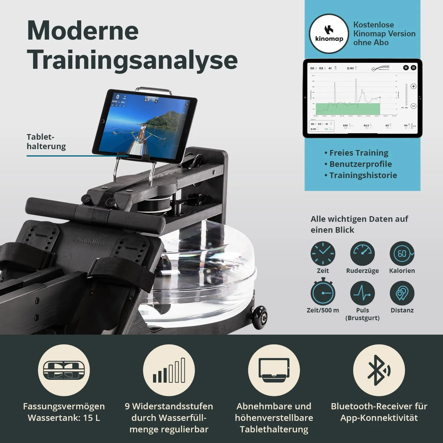 Wasser-Rudergerät mit Tablet-Halterung, auf dem ein Trainingsmonitor angezeigt wird. Informationstexte und Symbole zu Funktionen sind sichtbar.