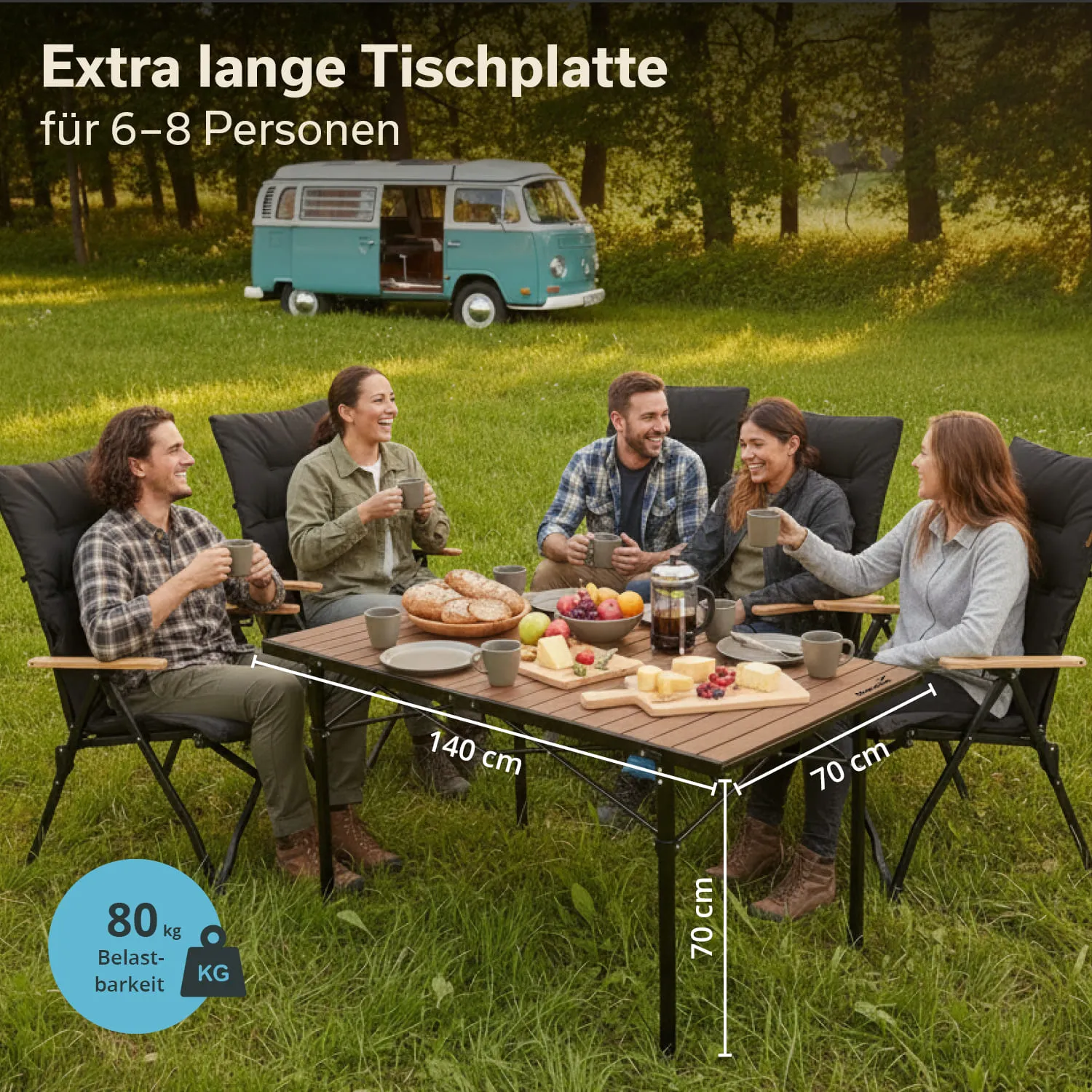 Tisch mit sechs Personen im Freien. Lebensmittel wie Brot und Obst sind auf dem Tisch. Im Hintergrund ein Campingbus.