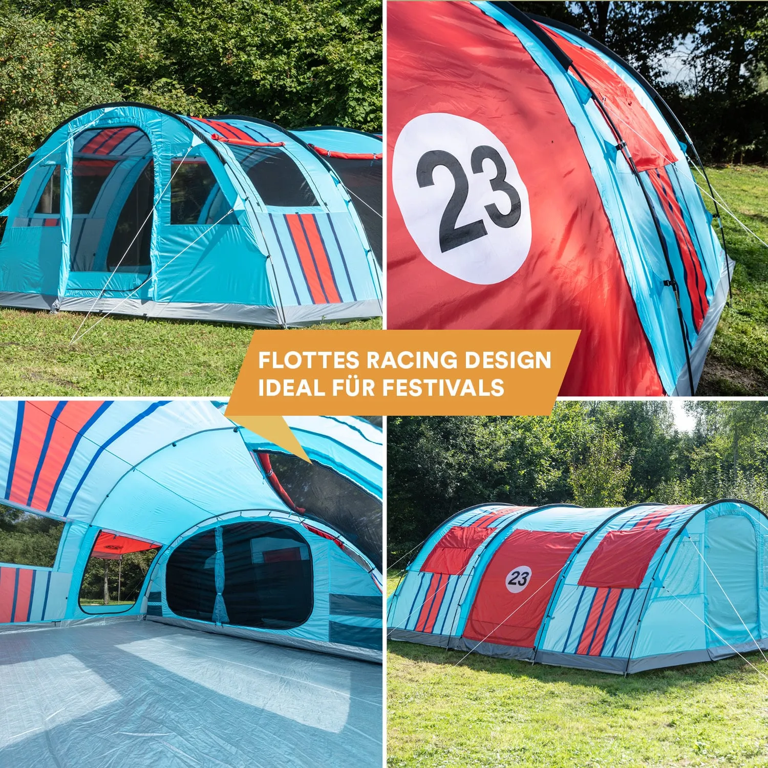 Zelt mit buntem Design in Blau und Rot, auf einer grünen Wiese. Nummer 23 sichtbar. Keine Personen abgebildet.