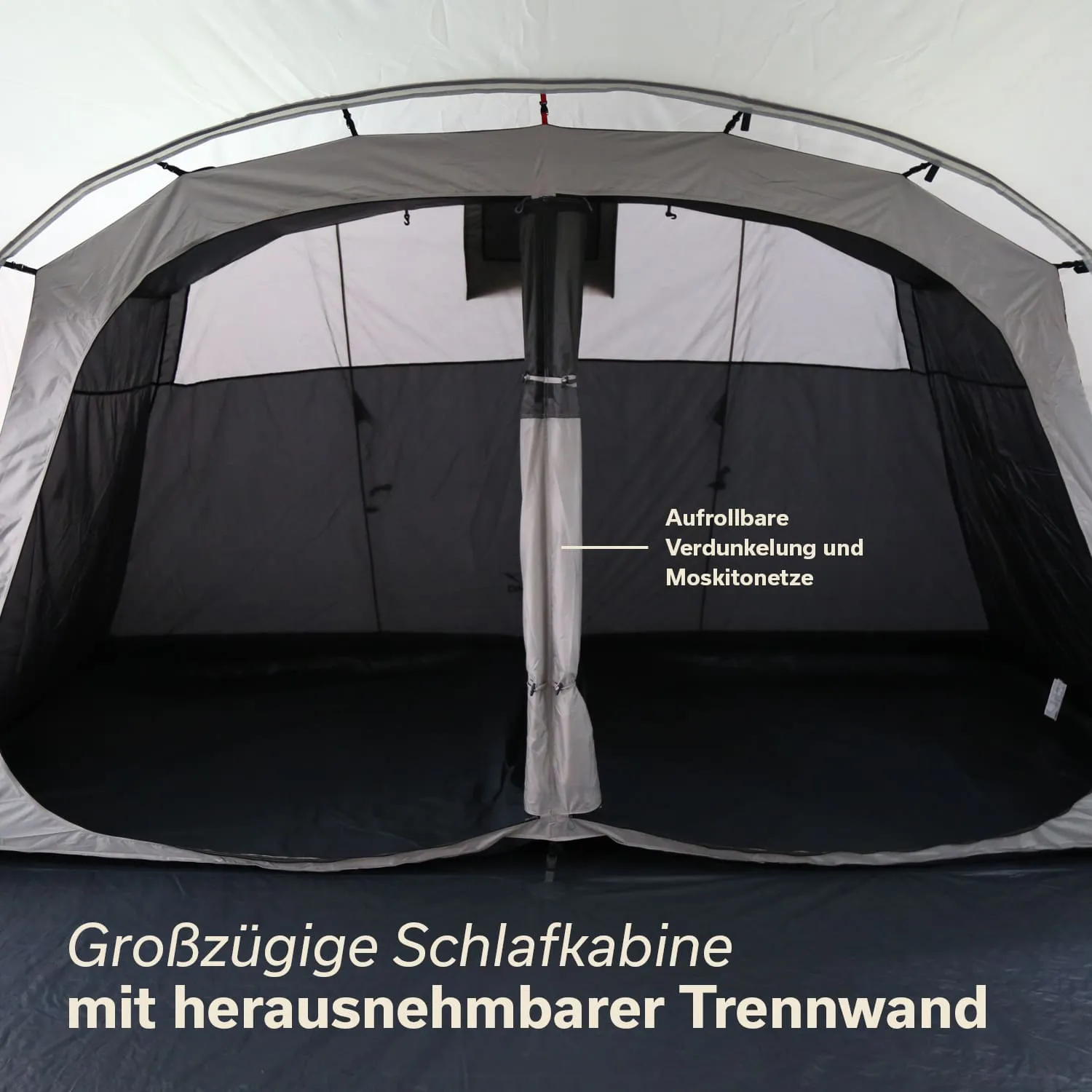 Schlafkabine mit grauen und schwarzen Elementen, aufgerollter Verdunkelung, Moskitonetz und herausnehmbarer Trennwand.