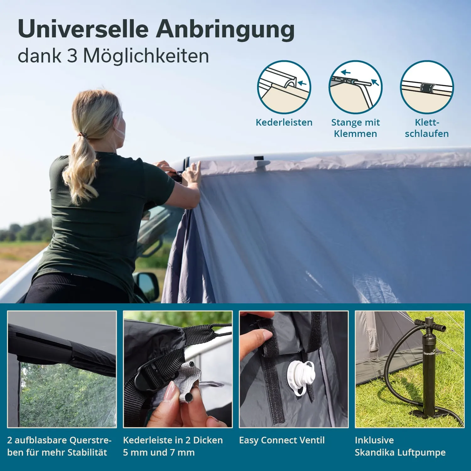 Person befestigt ein Zelt- oder Windschutzmaterial an einem Fahrzeug. Es sind verschiedene Befestigungsmöglichkeiten abgebildet.