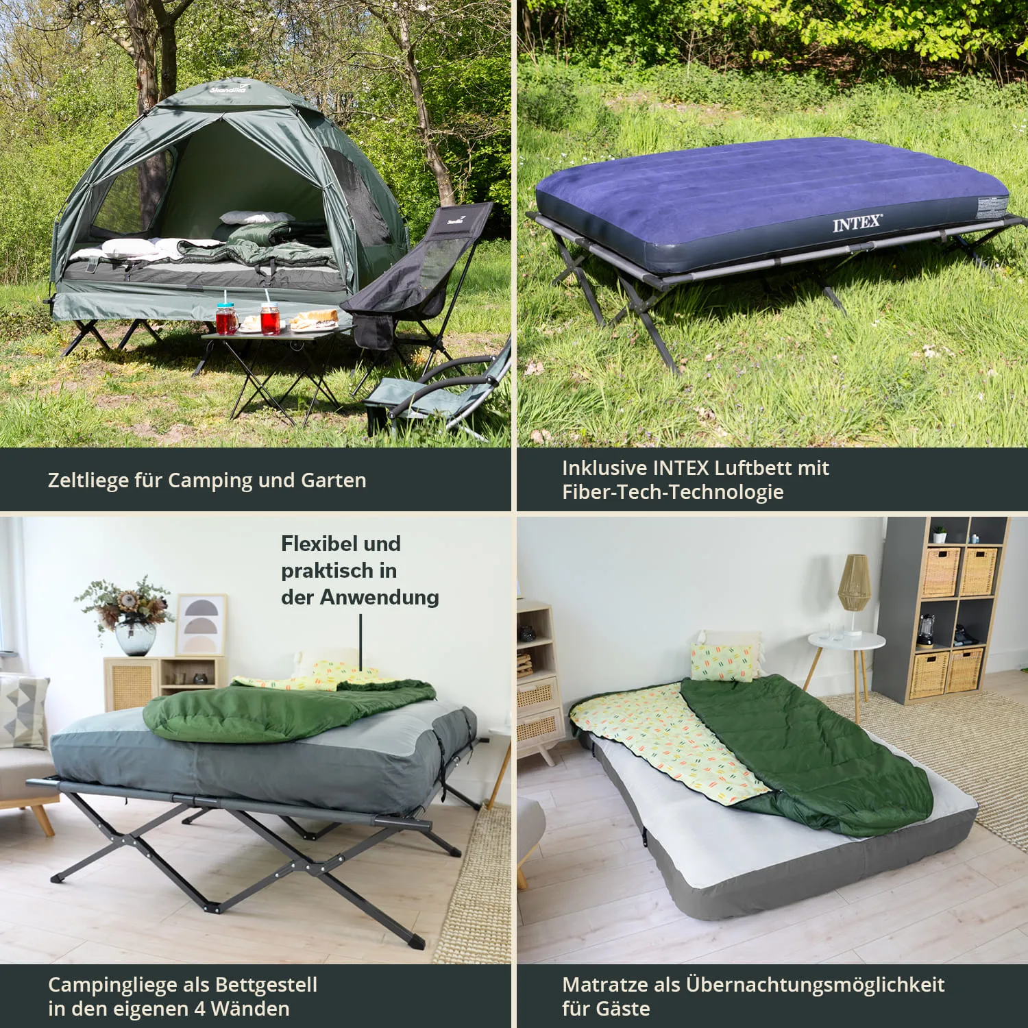 Zeltliege und Campingstuhl im Freien, Luftbett und Matratzenanwendung in Innenräumen, verschiedene Nutzungsmöglichkeiten dargestellt.