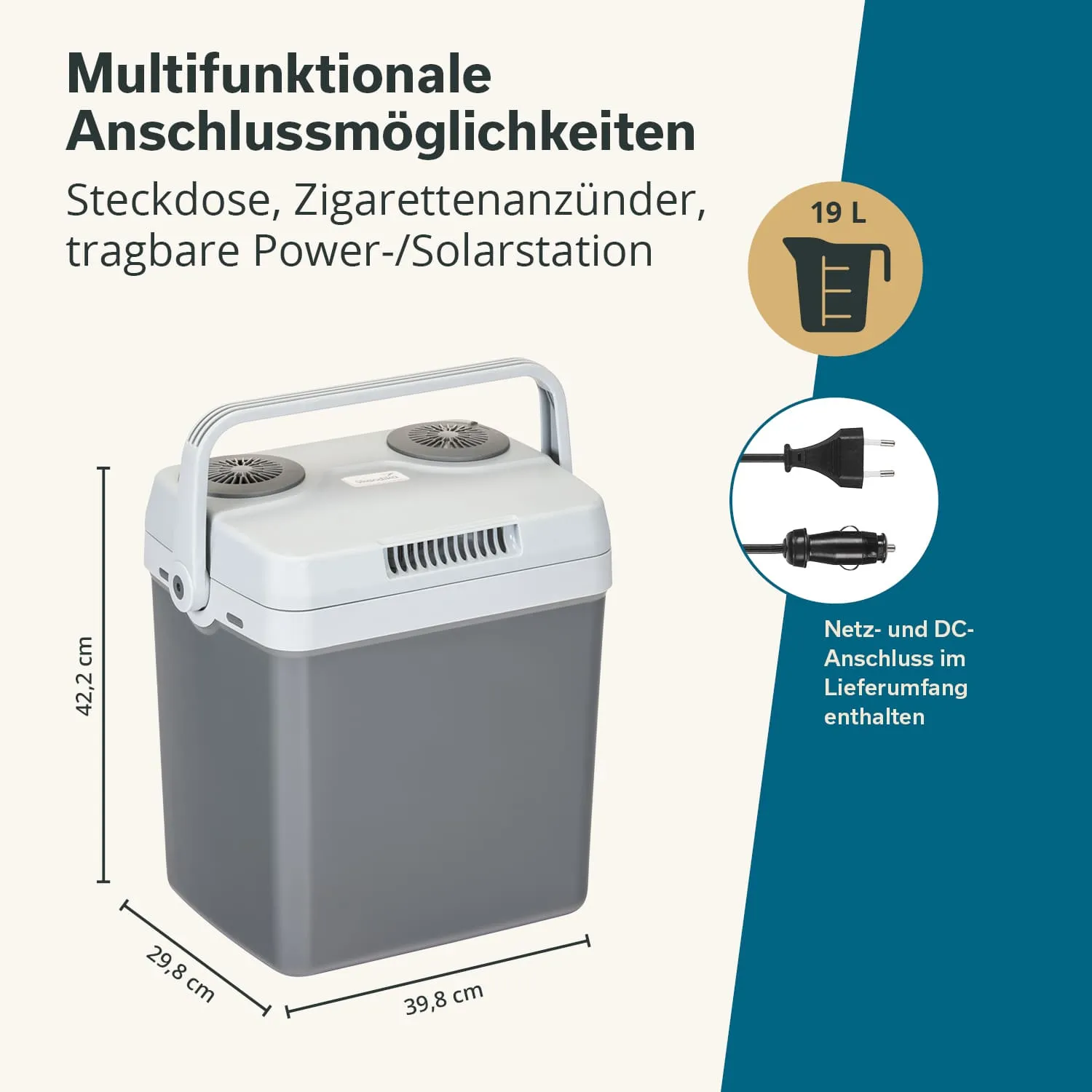 Tragbare Kühlbox in Grau mit grauem Deckel und Tragegriff. Maße: 42,2 cm Höhe, 39,8 cm Breite, 29,8 cm Tiefe. Funktionen angezeigt.
