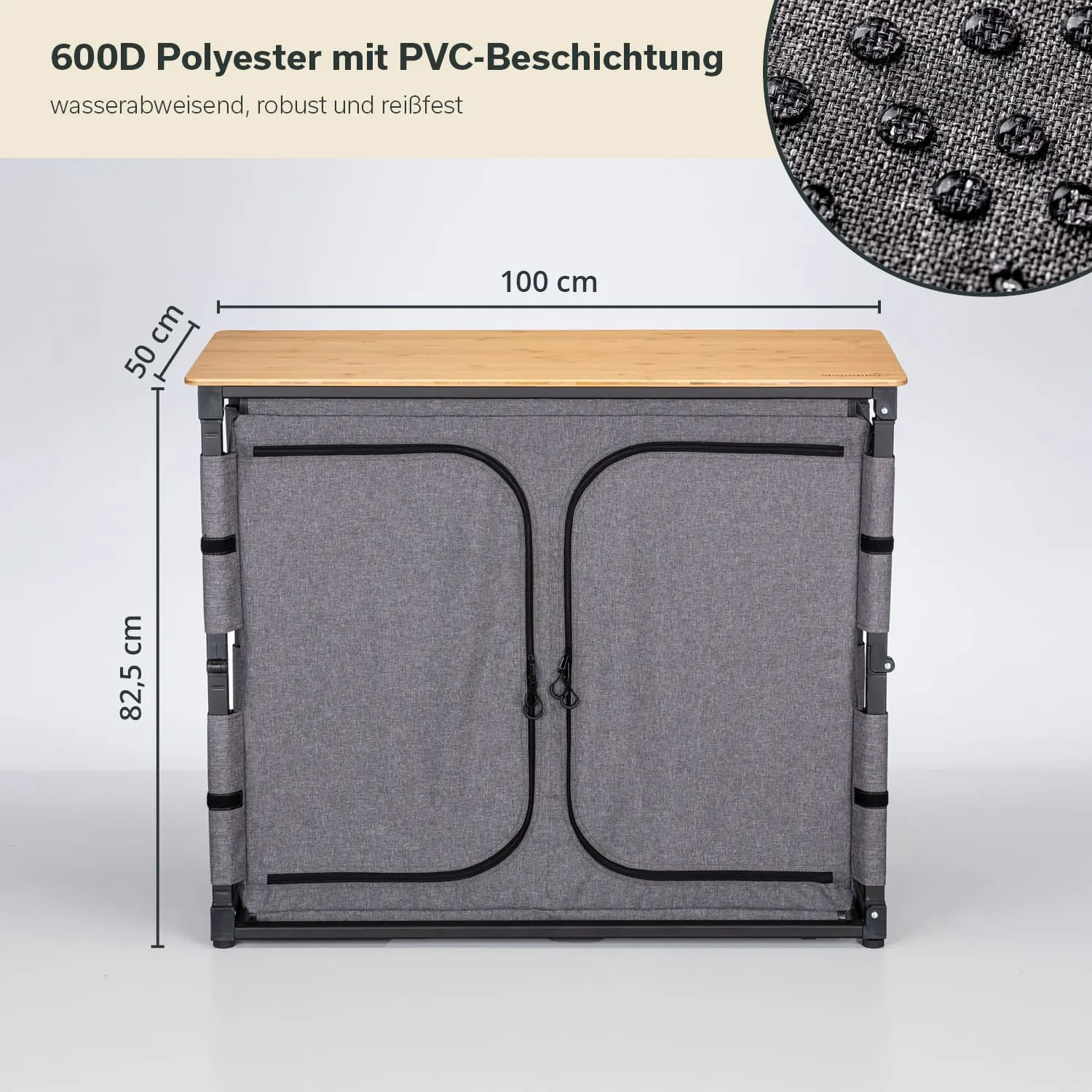 Grauer Schrank aus 600D Polyester mit PVC-Beschichtung, 100 cm breit, 50 cm hoch und 82,5 cm tief. Oben Holzoberfläche.