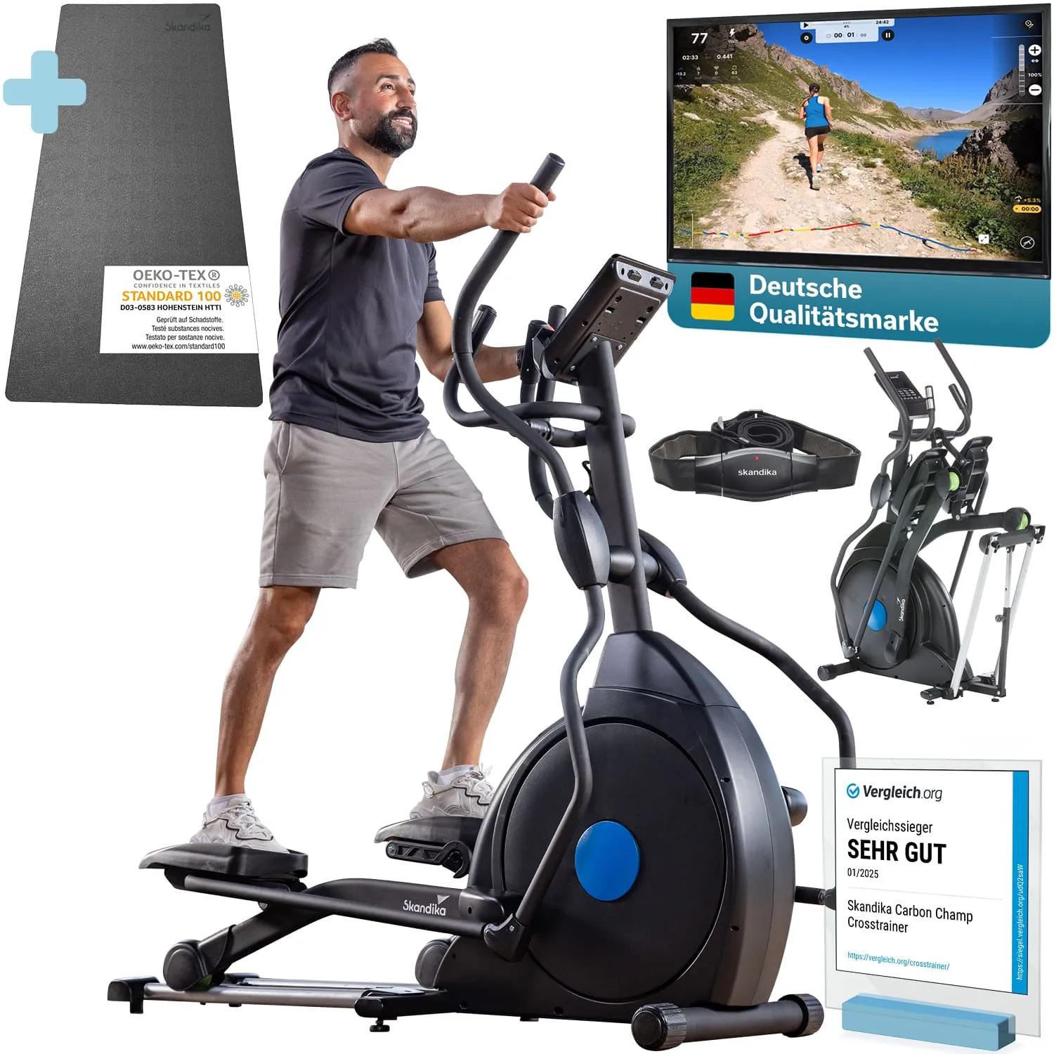 Mann benutzt einen Crosstrainer, während ein Bildschirm mit einer Laufstrecke angezeigt wird. Zubehör und Auszeichnungen sind sichtbar.