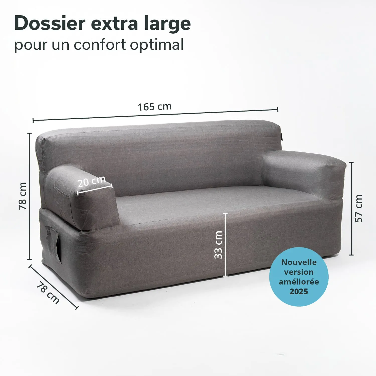 Grau gepolstertes Sofa mit angegebenen Abmessungen: 165 cm Breite, 78 cm Höhe, 57 cm Sitzhöhe, 20 cm Armlehnenhöhe.