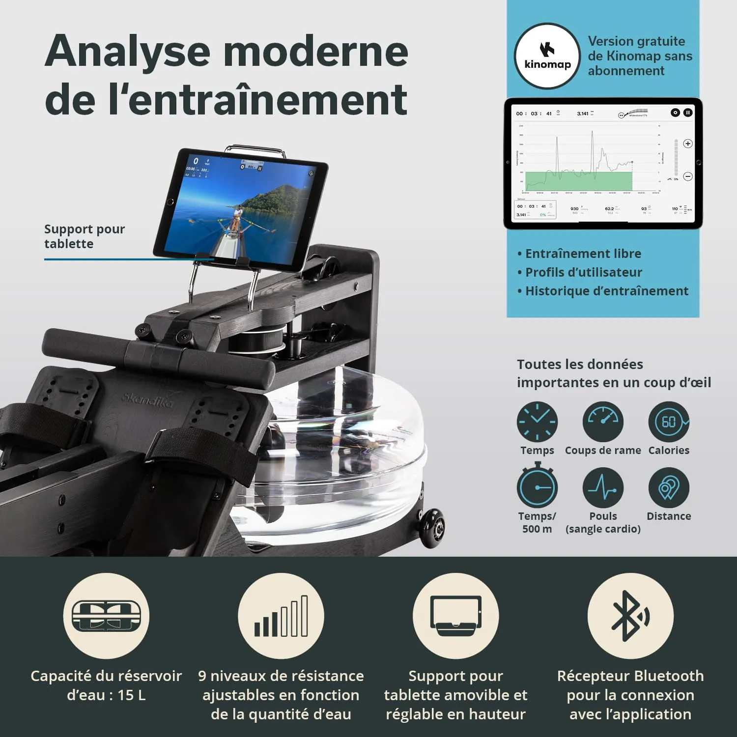 Rudergerät mit einem Tablet-Halter und einem Tablet, das Trainingsdaten anzeigt. Wasserreservoir und verschiedene Symbole für Funktionen stehen im Vordergrund.