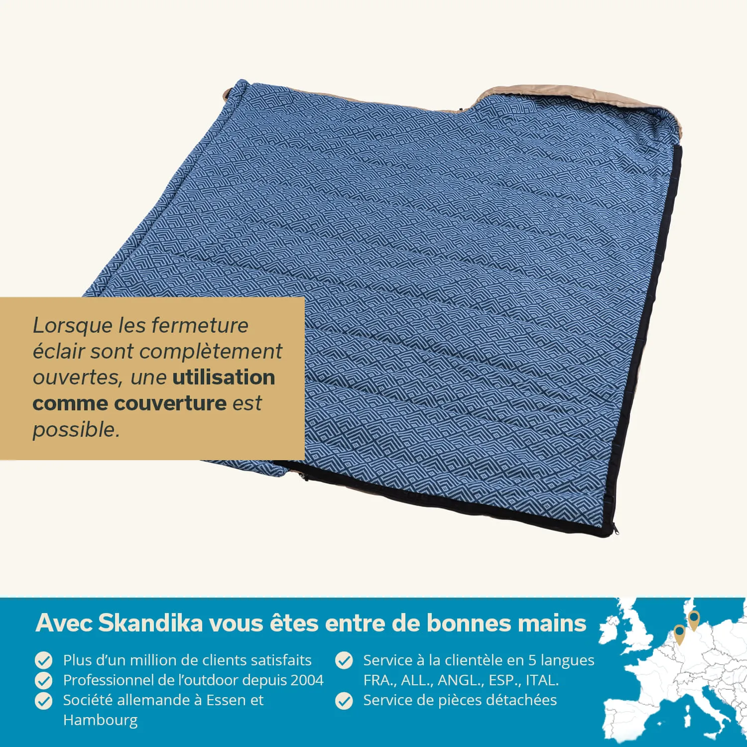 Blaues, gemustertes Produkt mit offenen Reißverschlüssen, das als Decke verwendet werden kann. Textinformationen auf dem Bild.