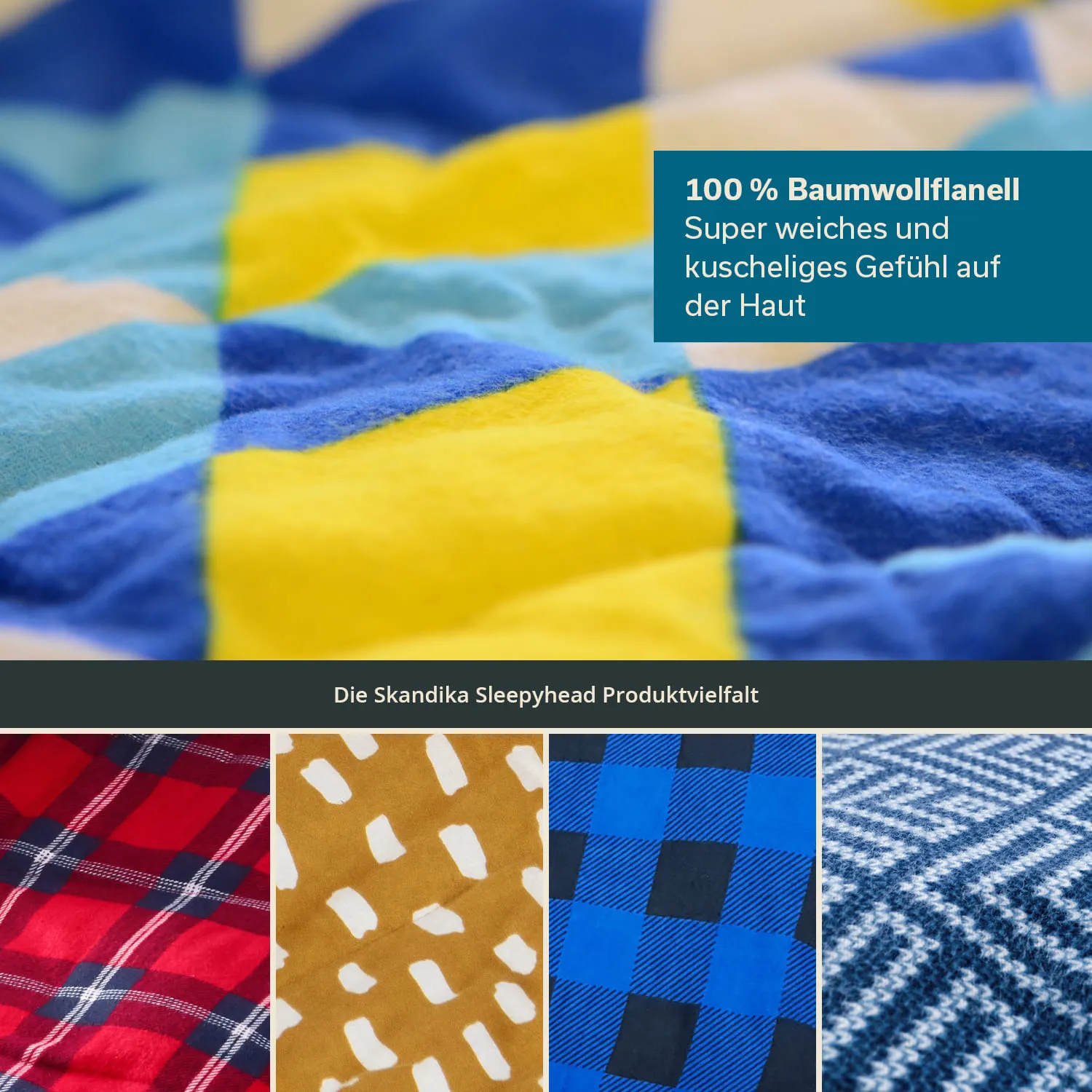 Bunte Stoffmuster aus Baumwollflanell in Gelb, Blau, Rot und Beige auf einem weichen Hintergrund.