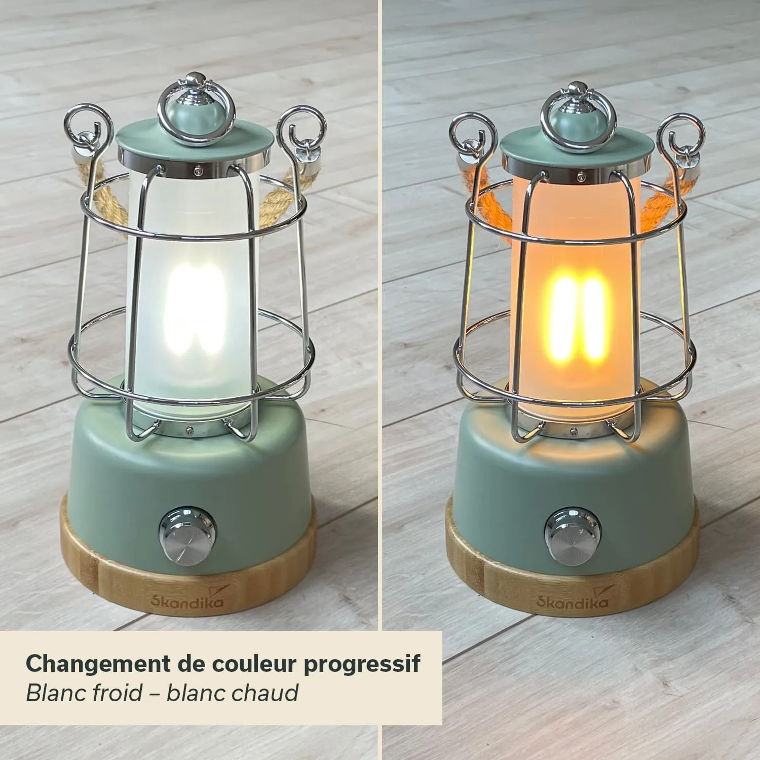 Tischlampe mit metallem Rahmen und einer gläsernen Lichtquelle, links in kaltem und rechts in warmem Licht, auf Holzoberfläche.