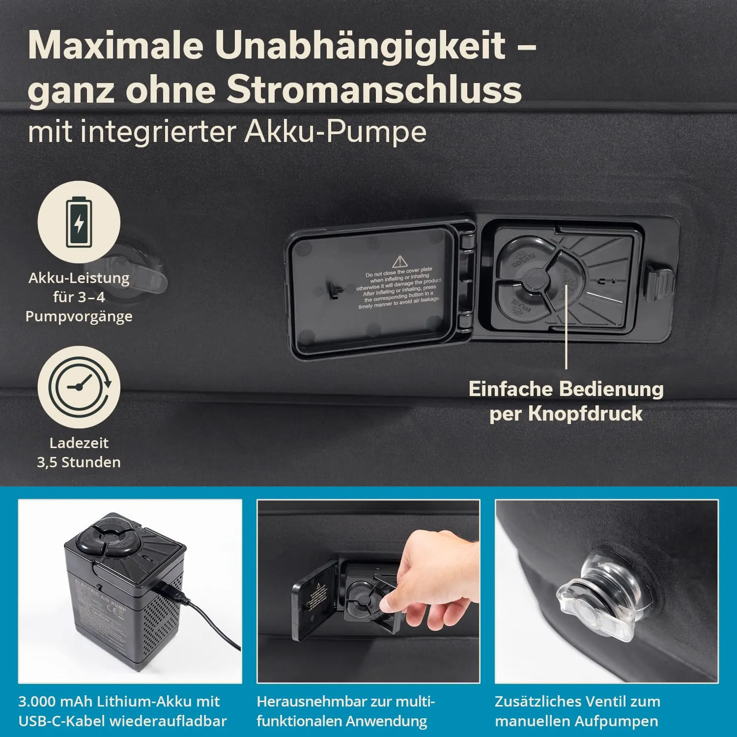 Auf dem Bild sind Anleitungen und Informationen zu einem Produkt mit integrierter Akkupumpe abgebildet. Es sind Diagramme und Textfelder zu sehen, die Details zur Akku-Leistung, Ladezeit und Bedienung enthalten.
