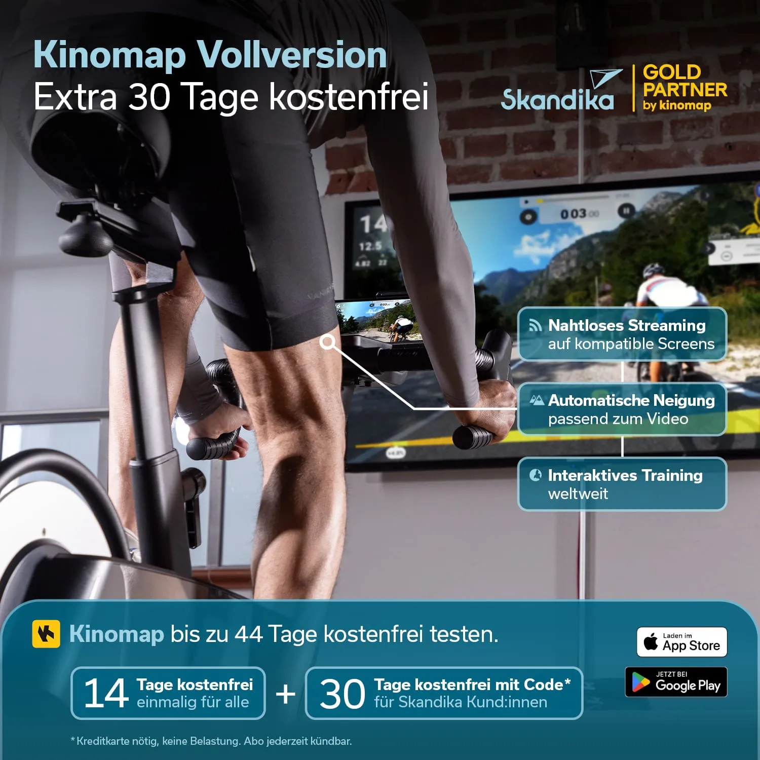 Mann auf einem stationären Fahrrad, während ein Bildschirm interaktive Trainingsinhalte anzeigt. Textinformationen über Kinomap.