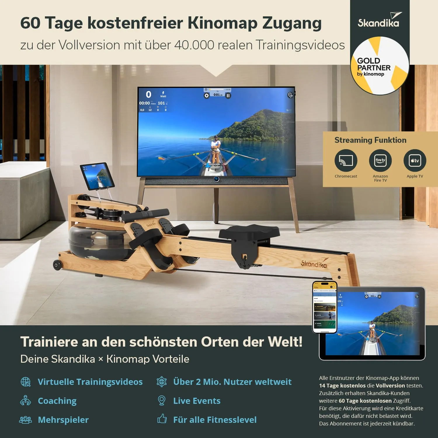Holz-Rudergerät mit Wasserbehälter vor einem Fernseher, auf dem ein Rudertraining gezeigt wird. Infos zu Kinomap-Zugang und Vorteilen.